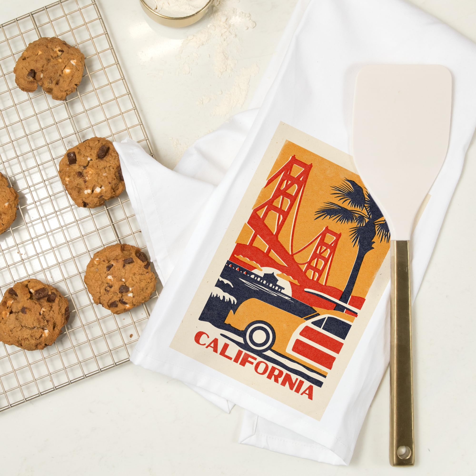 Lantern Press California Golden Gate Bridge Woodblock Tea Towel - 100% Cotton Decorative Hand Towel for Kitchen & Home Decor - Perfect for Dish Drying, Gift Giving, and Coastal Themed Spaces