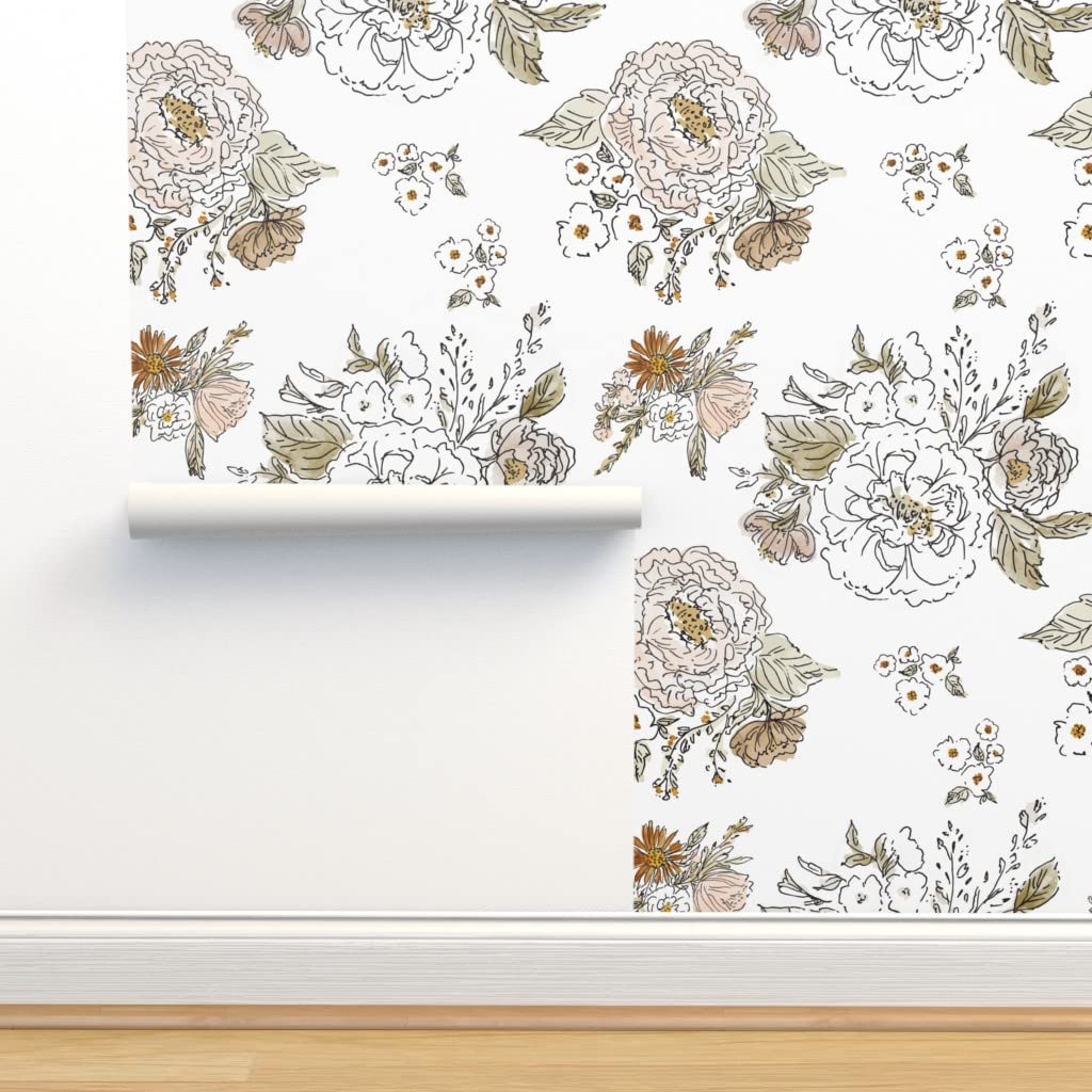 Peel & Stick Removable Wallpaper - 9ft x 2ft Clarissa Pink Floral Tan Blush Self-Adhesive Wallpaper by Spoonflower | Perfect for Bedroom, Nursery & Home Decor