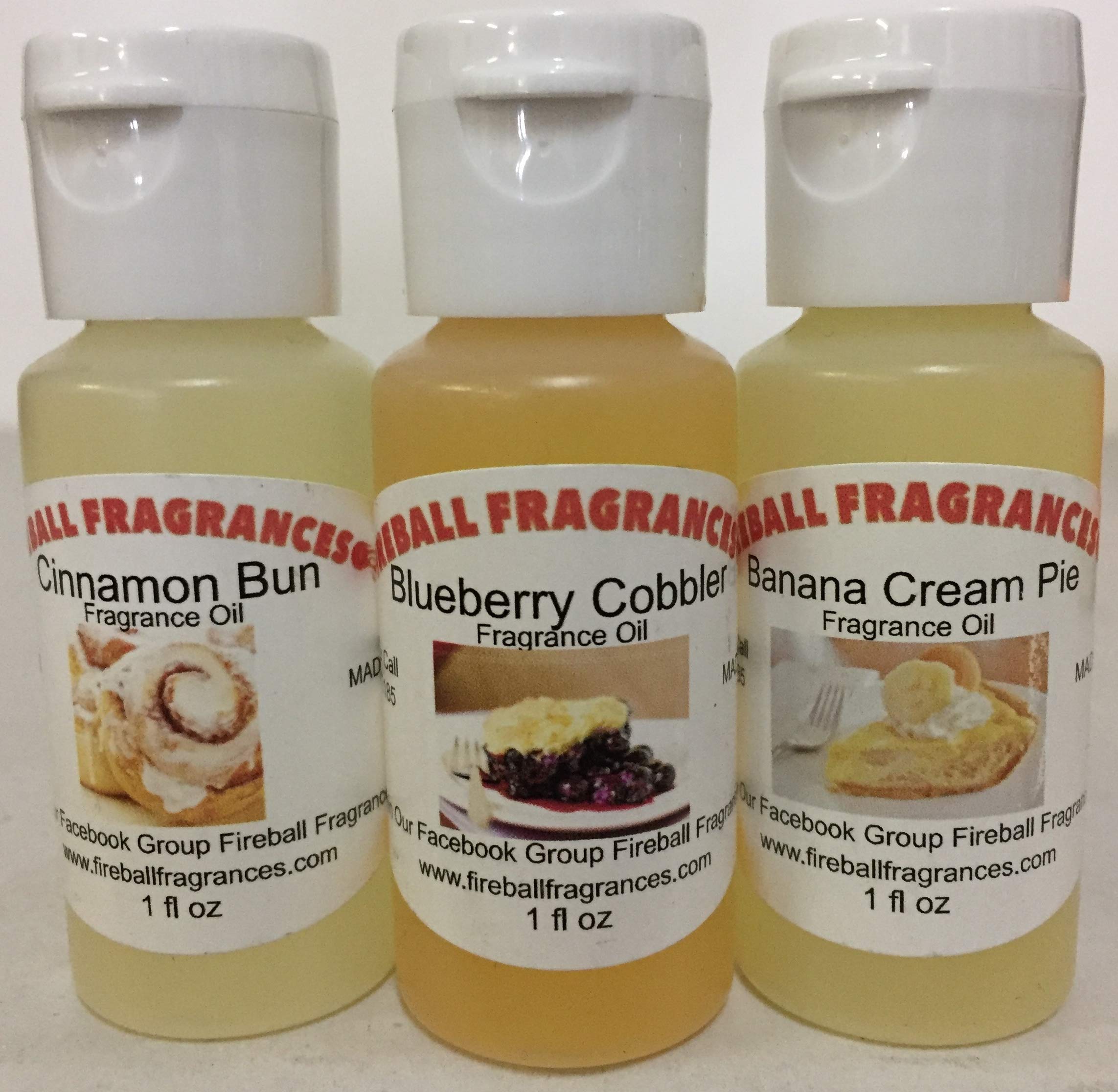 Fireball Fragrances 3-Pack Scented Oils - Cinnamon Bun, Blueberry Cobbler & Banana Cream Pie (1oz Each) for Home Diffusers, Candles & DIY Soap Making