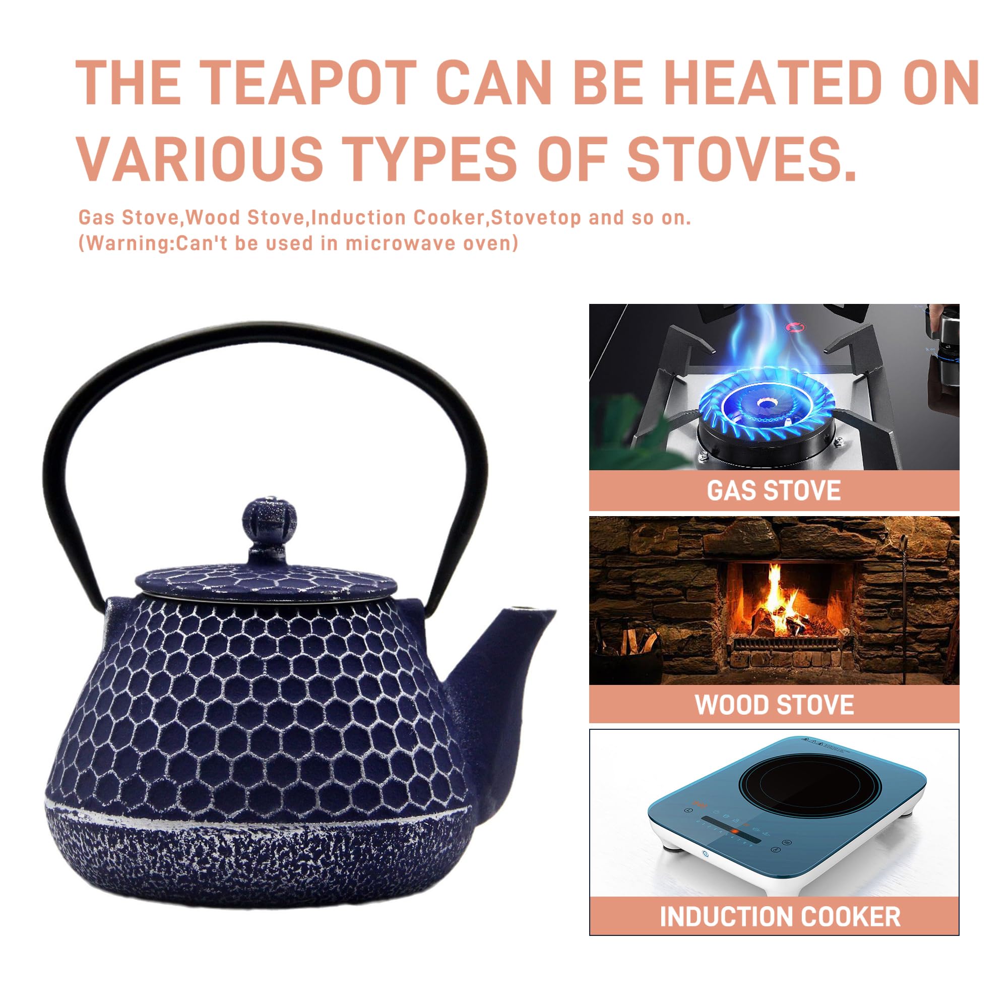20.3oz Enameled Cast Iron Teapot with Stainless Steel Infuser - Stovetop Safe Japanese Tetsubin Tea Kettle for Loose Leaf Tea, Blue Honeycomb Pattern - Perfect for Home, Office & Tea Ceremonies
