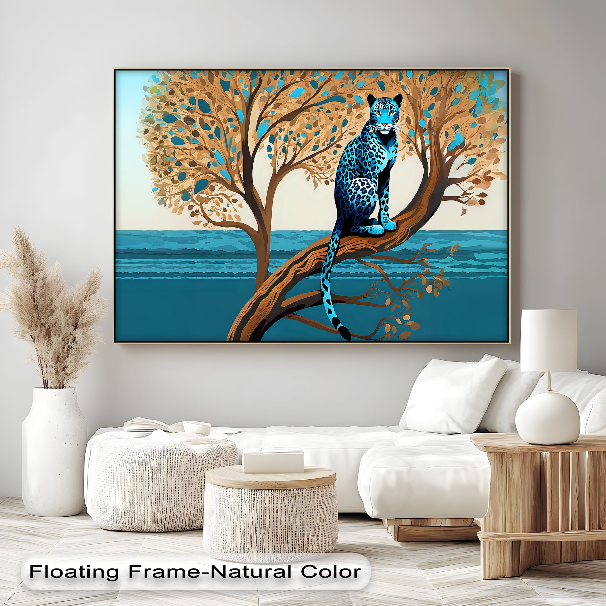 Blue Leopard in Tranquil Tree - Modern Jungle Animal Canvas Wall Art Print for Living Room, Bedroom & Office Decor