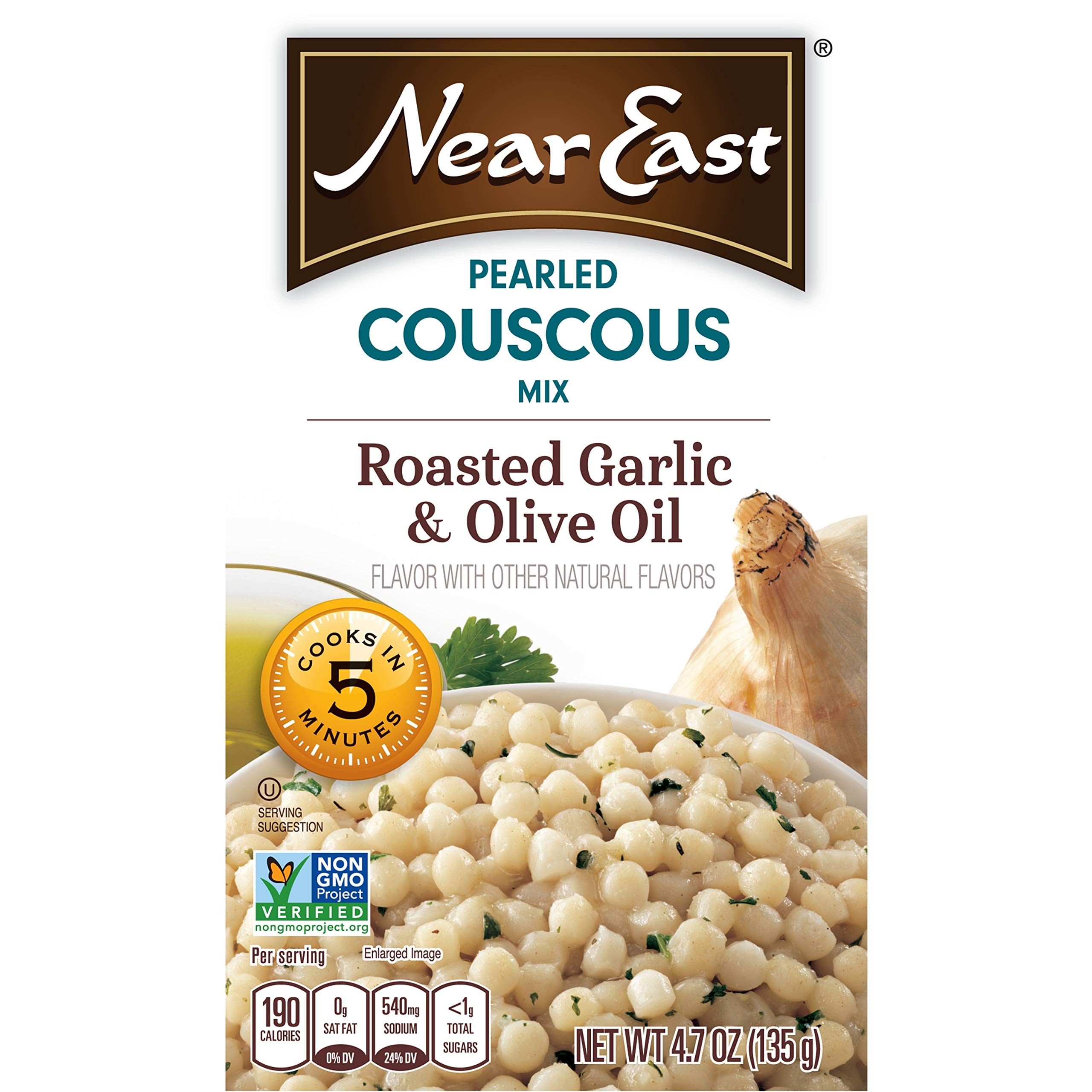 Near East Pearled Couscous, Roasted Garlic & Olive Oil Flavor, 4.7 oz (Pack of 6) - Perfect for Mediterranean Meals, Quick Lunches & Healthy Side Dishes