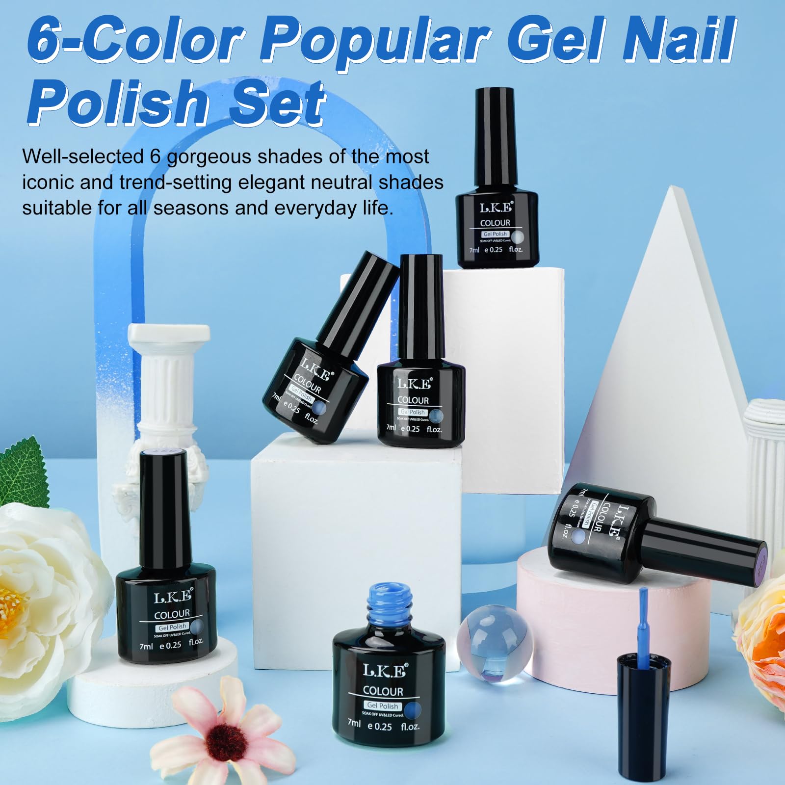LKE Gel Nail Polish Kit - 6 Colors Halloween & Christmas Collection (Baby Blue, Ocean, White) - Soak Off UV/LED Lamp Nail Art Set for DIY Manicure & Pedicure - Perfect for Home Salon, Party Nails & Holiday Gift