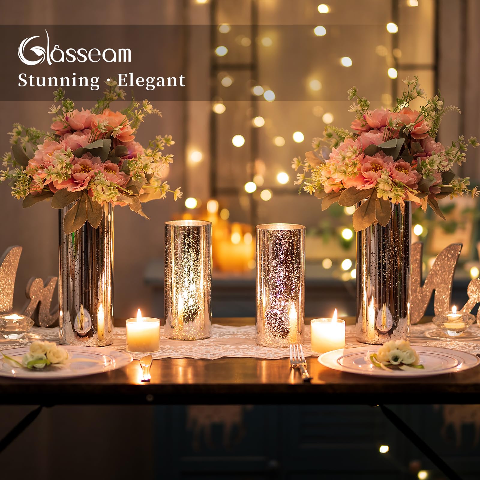 Glasseam Silver Hurricane Candle Holder Set of 2 - Modern Mercury Glass Cylinder Candle Holders for Pillar Candles, Floating Candle Vases - Perfect for Wedding Centerpieces, Dining Table Decor, Christmas Holiday Home Decor