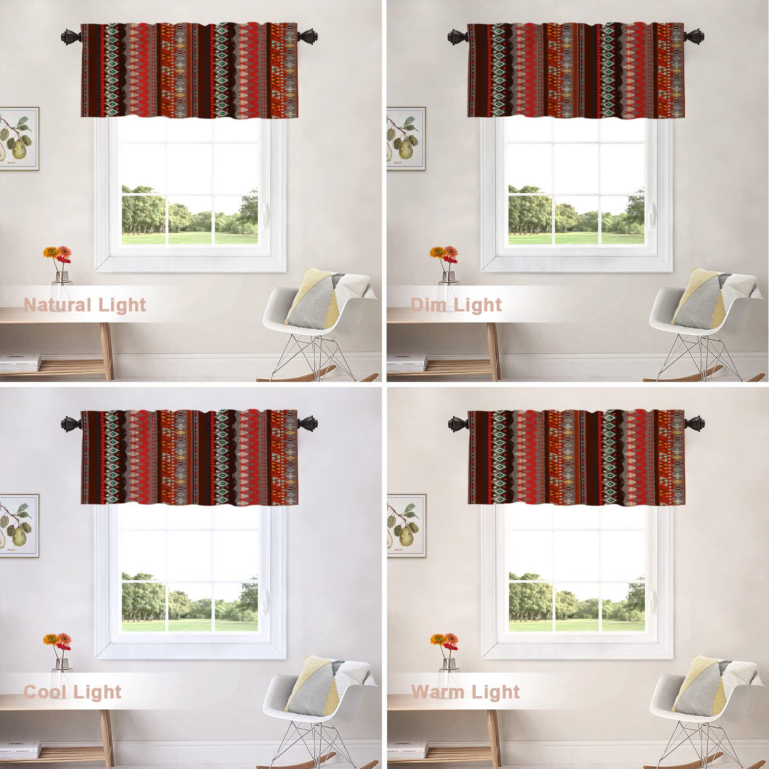 Boho Abstract Kitchen Valances - Mexican Red Stripes Geometric Pattern Half Window Curtains (52x18 Inch, Set of 2) for Farmhouse, Rustic & Modern Kitchen Decor - Perfect for Windows, Cafe & Home Decoration