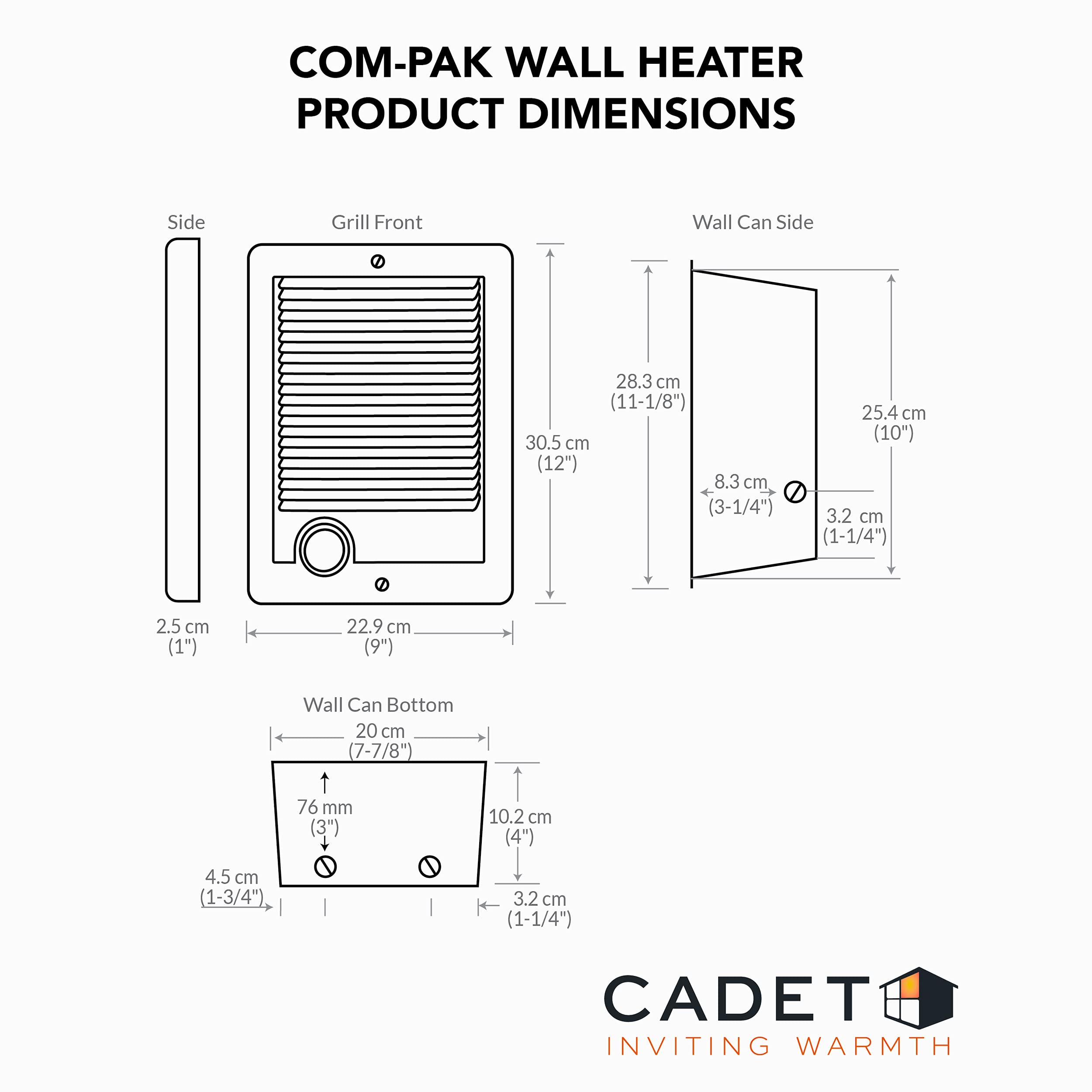 Cadet Com-Pak 1000W Electric Wall Heater - 3412 BTU, 120V, White (Model CSC101W, Part 67549) - Perfect for Bathrooms, Bedrooms & Small Spaces
