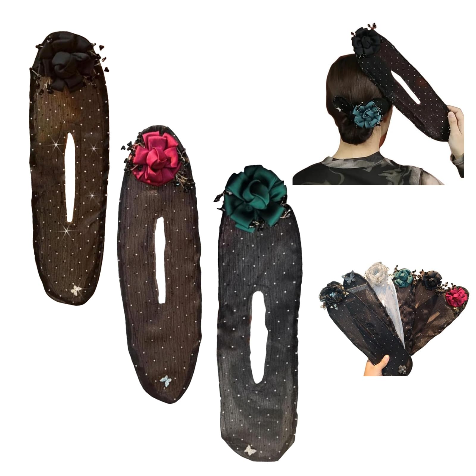 Hand Embroidered Floral Hair Bun Maker Clip Set - 3PCS for Women & Girls - Perfect for Weddings, Parties & Everyday Hairstyles
