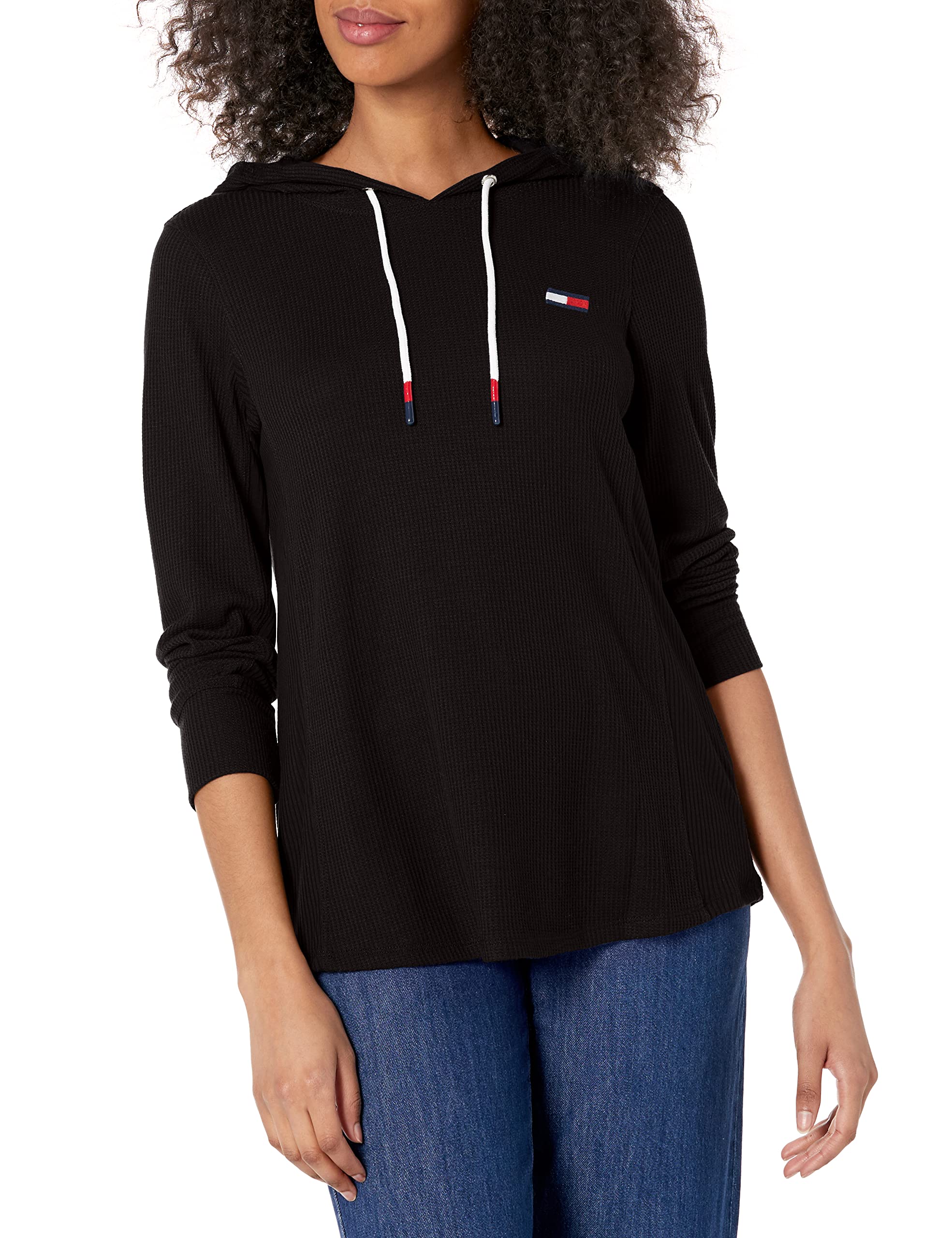Tommy Hilfiger Women's Waffle Ribbed Logo Hoodie Sweatshirt - Cozy Pullover for Casual Wear, Lounge & Street Style