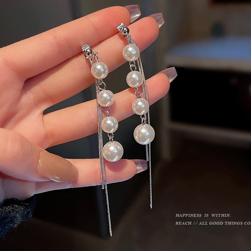 Elegant Women's Long Pearl Tassel Drop Earrings - Perfect for Weddings, Parties & Special Occasions