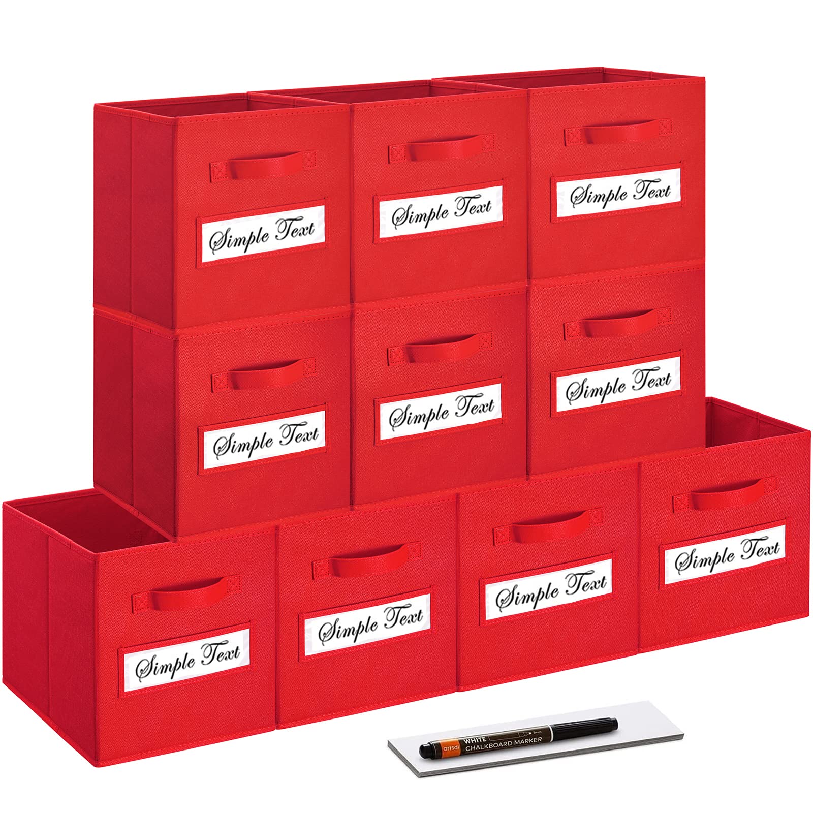 11 Inch Foldable Fabric Storage Cube Bins with Labels (Set of 10) - Closet Organizers, Shelves Storage Containers for Home, Office & Kids Room Organization - Red