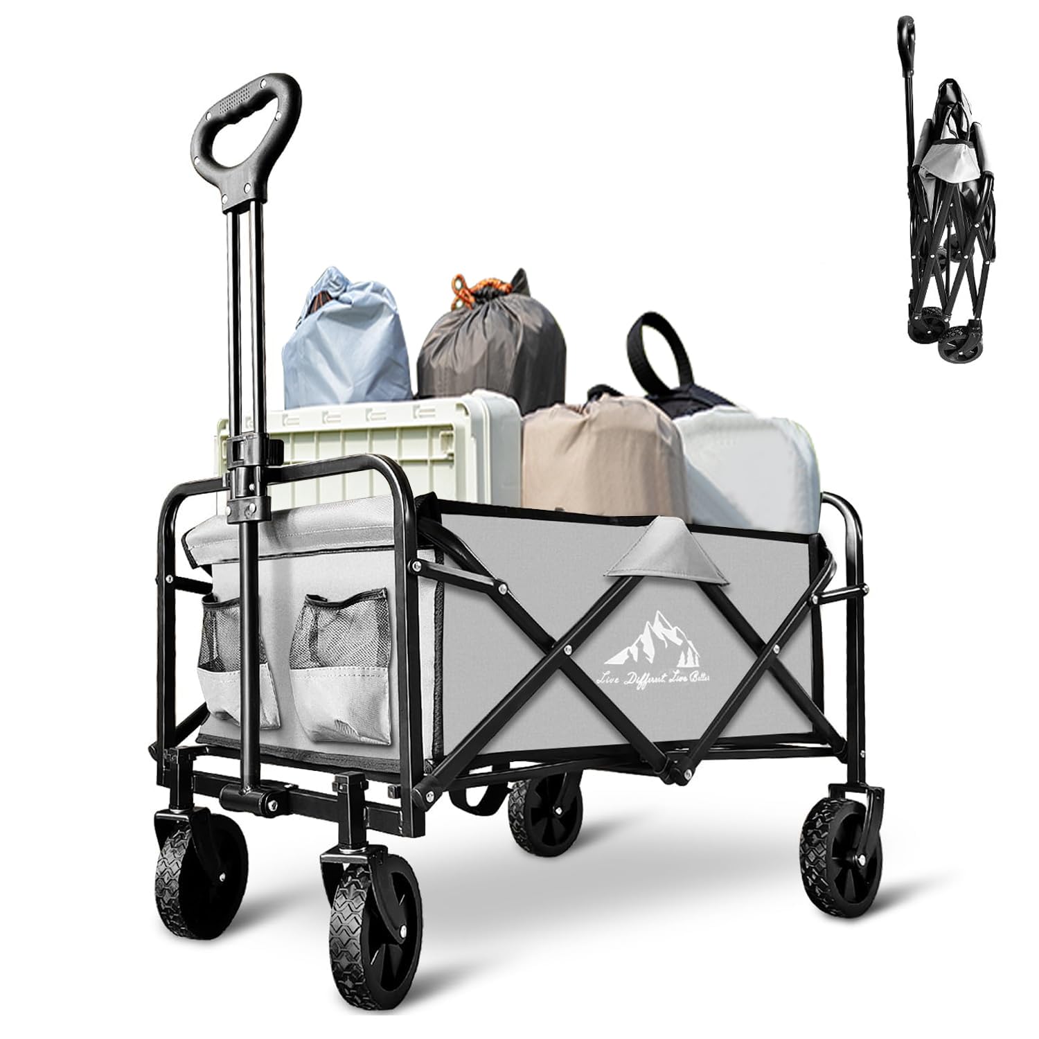 Heavy Duty Collapsible Folding Wagon Cart - Portable Utility Cart with Large Capacity for Beach, Camping, Grocery Shopping, Fishing & Outdoor Activities - Perfect for Picnics, Sports Events & Garden Use (Gray)
