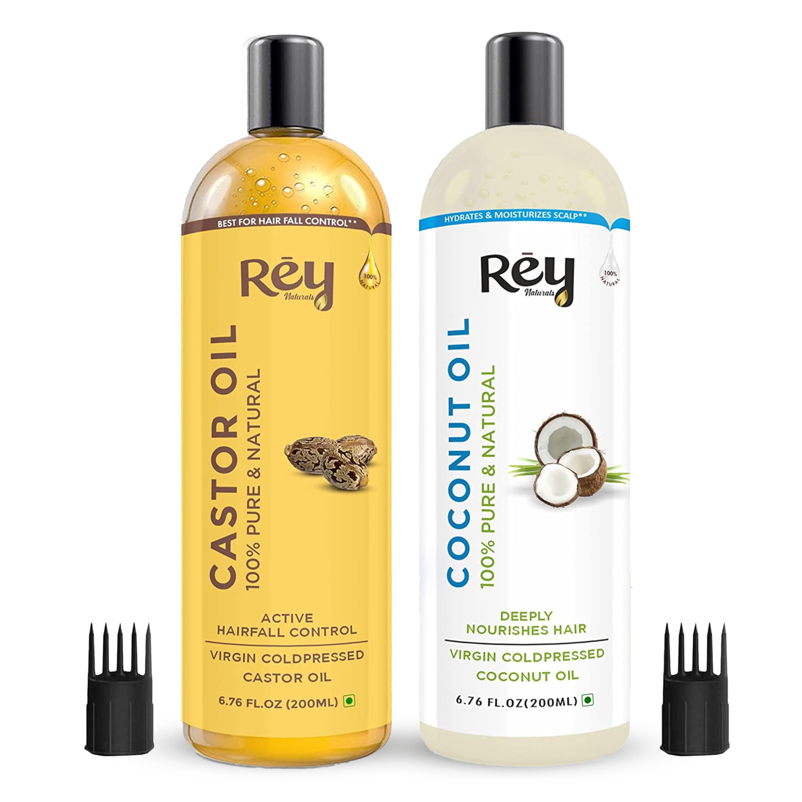 Rey Naturals Virgin Coconut Oil & Castor Oil for Hair Growth - 200ml*2 | Pure Unrefined Cold Pressed Oil for Hair & Skin Care | Controls Dandruff & Hair Fall | Natural Remedy for Stronger Hair & Healthy Scalp | Perfect for Daily Hair Massage & DIY Beauty Treatments