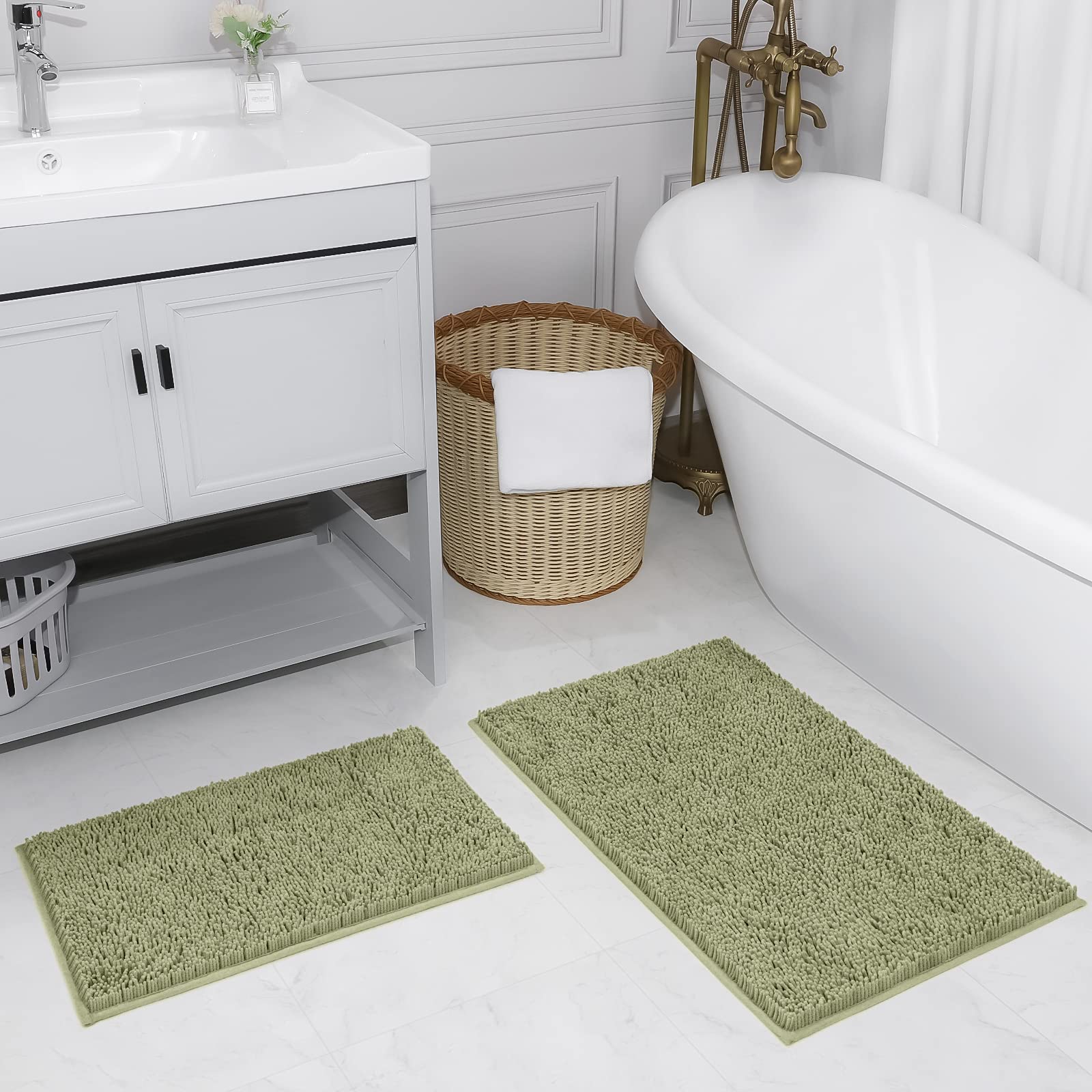 2-Piece Non-Slip Shaggy Chenille Bathroom Rug Set - Super Absorbent 24x16