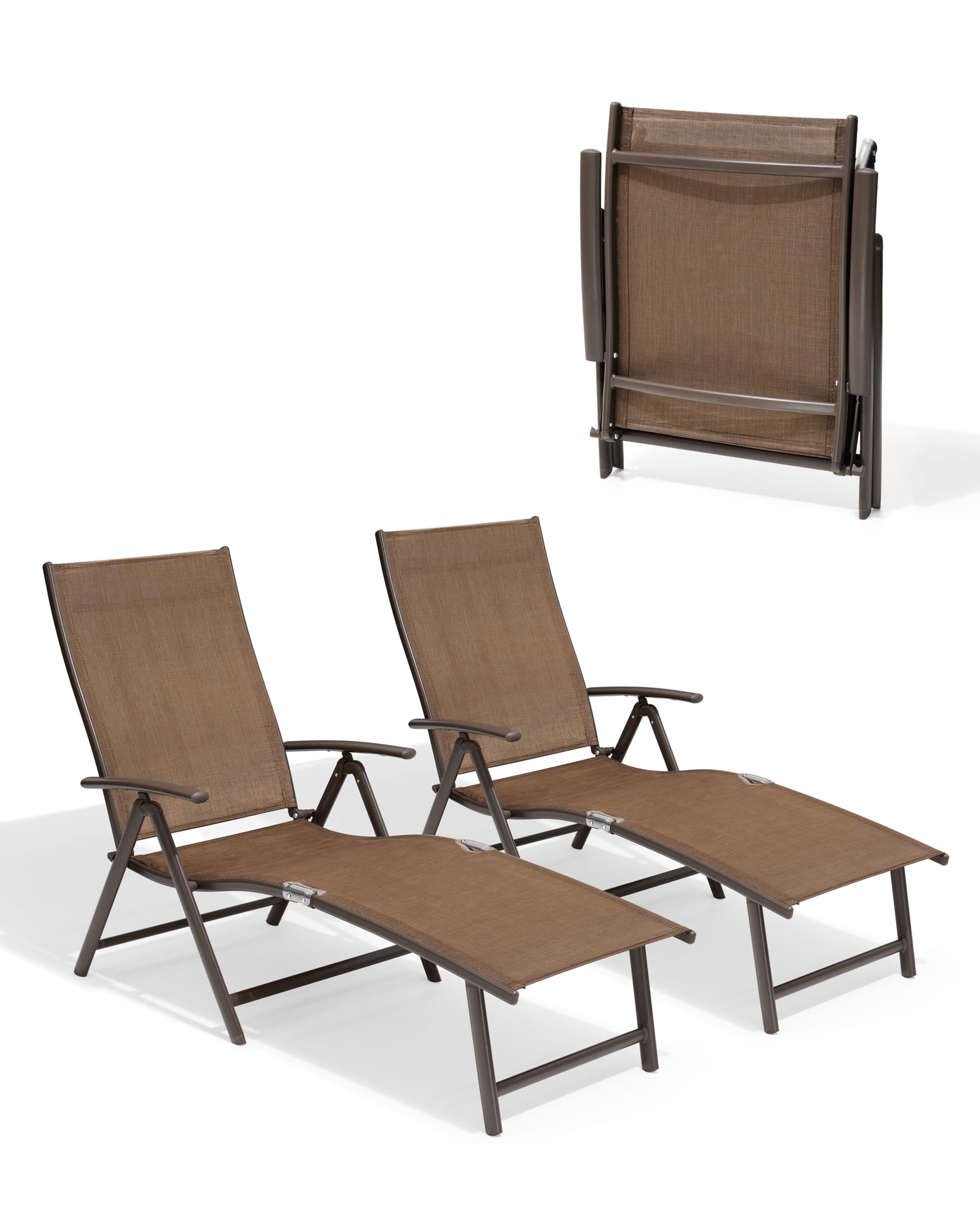 Pellebant Outdoor Chaise Lounge Set of 2 - Adjustable Aluminum Pool Lounge Chairs with Footrest - Foldable Patio Furniture for Beach, Poolside, Deck & Backyard Relaxation (2-Piece Set, Brown) - Perfect for Sunbathing, Lounging by the Pool, or Outdoor Entertaining