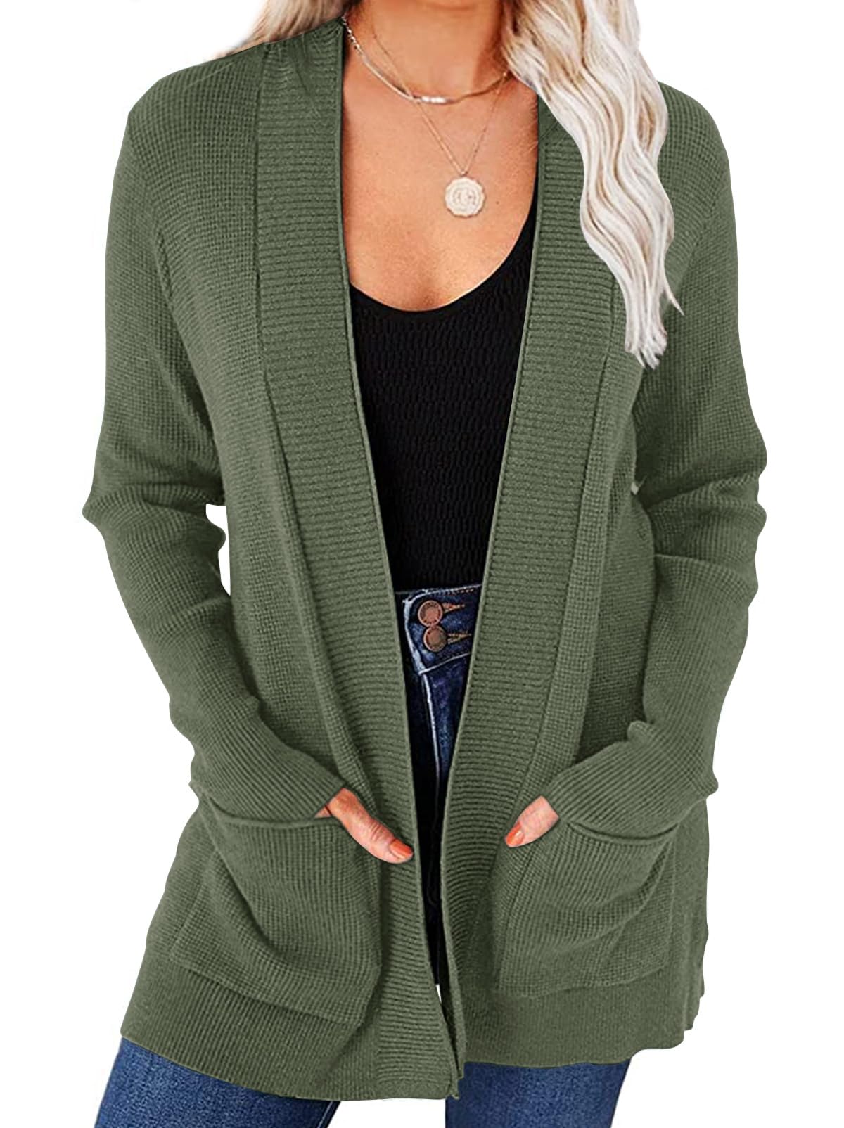 MEROKEETY Women's 2025 Fall Open Front Waffle Knit Cardigan - Long Sleeve Cozy Knit Sweater with Pockets for Casual Outfits & Layering