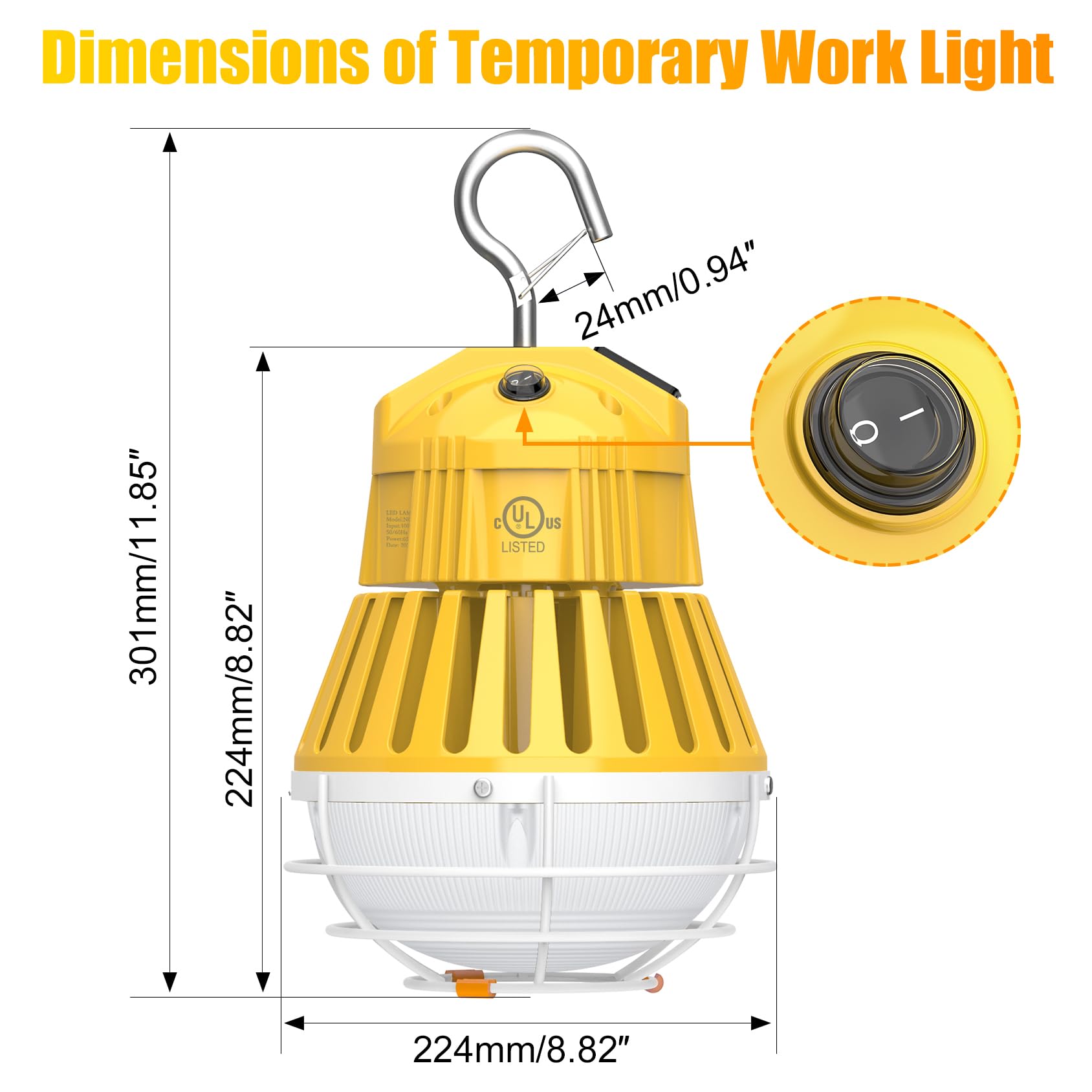 60W LED Work Light 5000K Daylight White 8400LM - Linkable Construction Lighting with Steel Hook, Plug & Play for Warehouse, Garage, Tunnel, Mine - Durable Hanging Job Site Light AC 120V - Perfect for Construction, Emergency Lighting, and Outdoor Work Areas