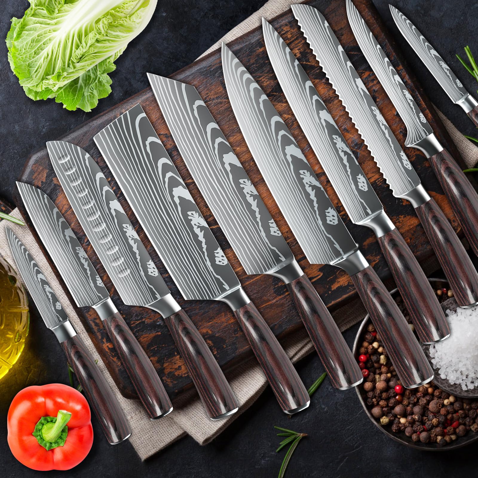 10-Piece ZENG Professional Japanese Stainless Steel Kitchen Knife Set - Chef Knives with Pakkawood Handles for Vegetables, Meat & Fruit - Perfect for Home Cooking, Restaurant Use & Gift Giving