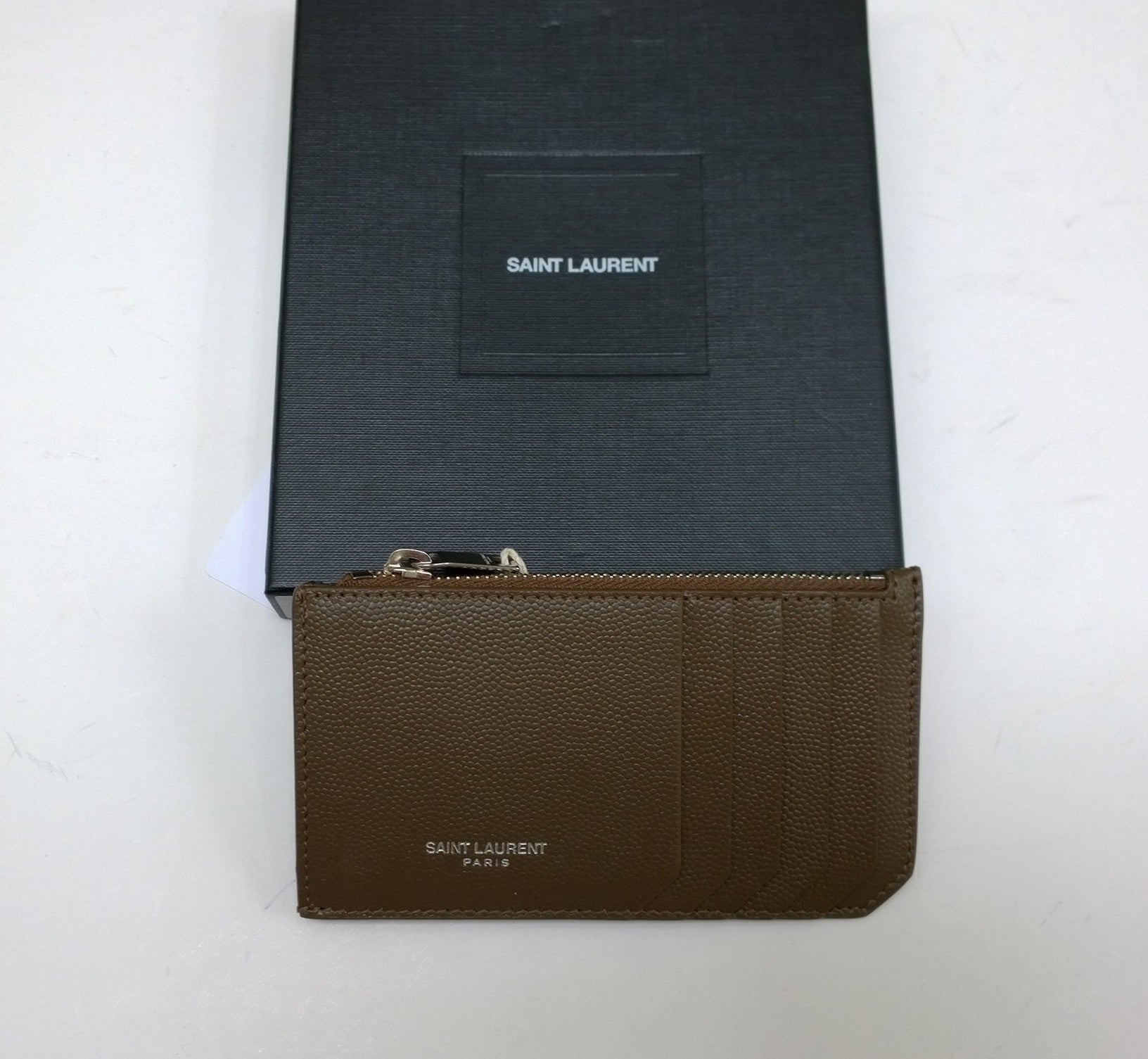 Saint Laurent Khaki Brown Leather Fragments Card Wallet with Dark Wood Case Holder - Perfect for Everyday Use & Luxury Gift Giving