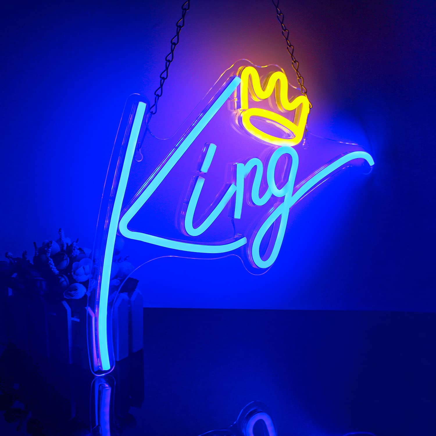 WLHOPE King Neon Sign LED Crown Mood Light - Blue LED Neon Light for Bedroom, Wall Decor, Wedding, Party, Kids Room - USB Powered Acrylic Night Light for Home, Bar, Cafe, Shop Windows - Perfect for Birthday Gifts, Themed Events & Romantic Ambiance