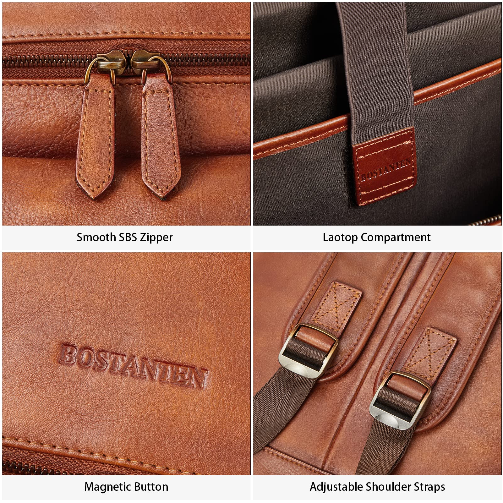 BOSTANTEN Vintage Leather Backpack for Men - 15.6 Inch Laptop Backpack, Large Capacity Travel & Office Shoulder Bag (Red Brown) - Perfect for Business, Commuting & College Use