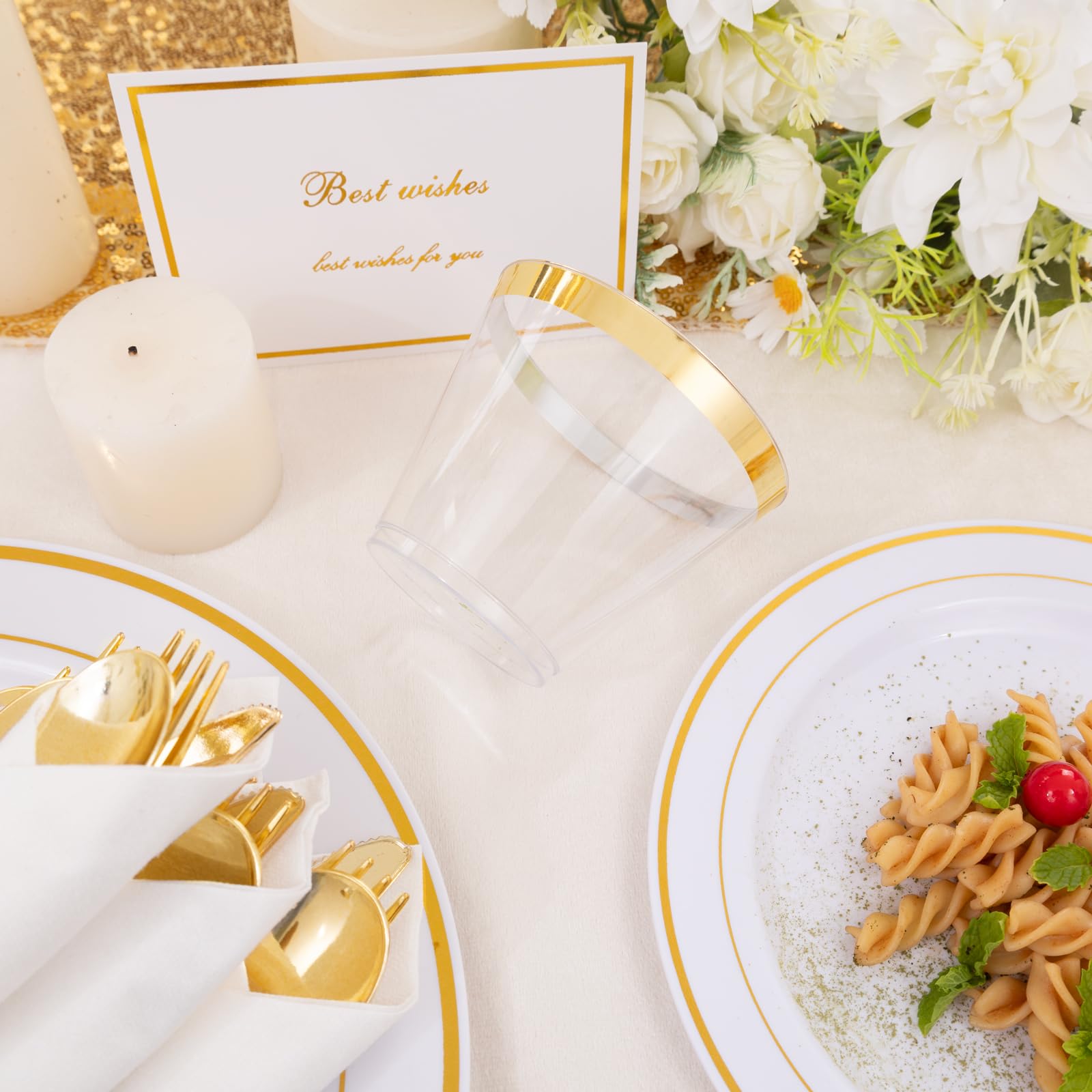 DaYammi 350-Piece Gold Plastic Dinnerware Set for 50 Guests - Elegant Disposable Plates, Cups, Silverware & Napkins for Parties, Weddings, Events - Includes 50 Dinner Plates, 50 Dessert Plates, 50 Cups & 50 Pre-Rolled Napkins with Gold Cutlery - Perfect for Birthday Celebrations, Bridal Showers & Holiday Gatherings