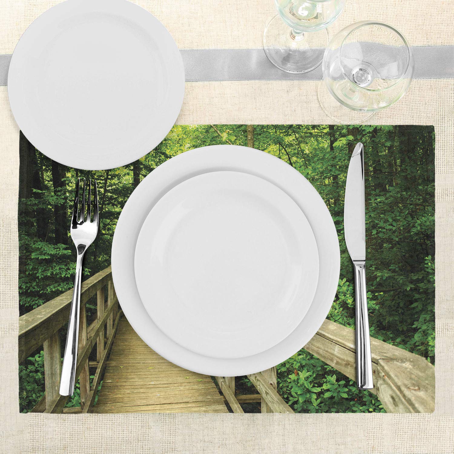 Ambesonne 4-Pack Nature-Themed Placemats - Park Scenery Summer Landscape Eco-Friendly Washable Fabric Table Mats for Dining Room & Kitchen Decor (Khaki Green) | Perfect for Outdoor Picnics, Dinner Parties, and Home Decoration
