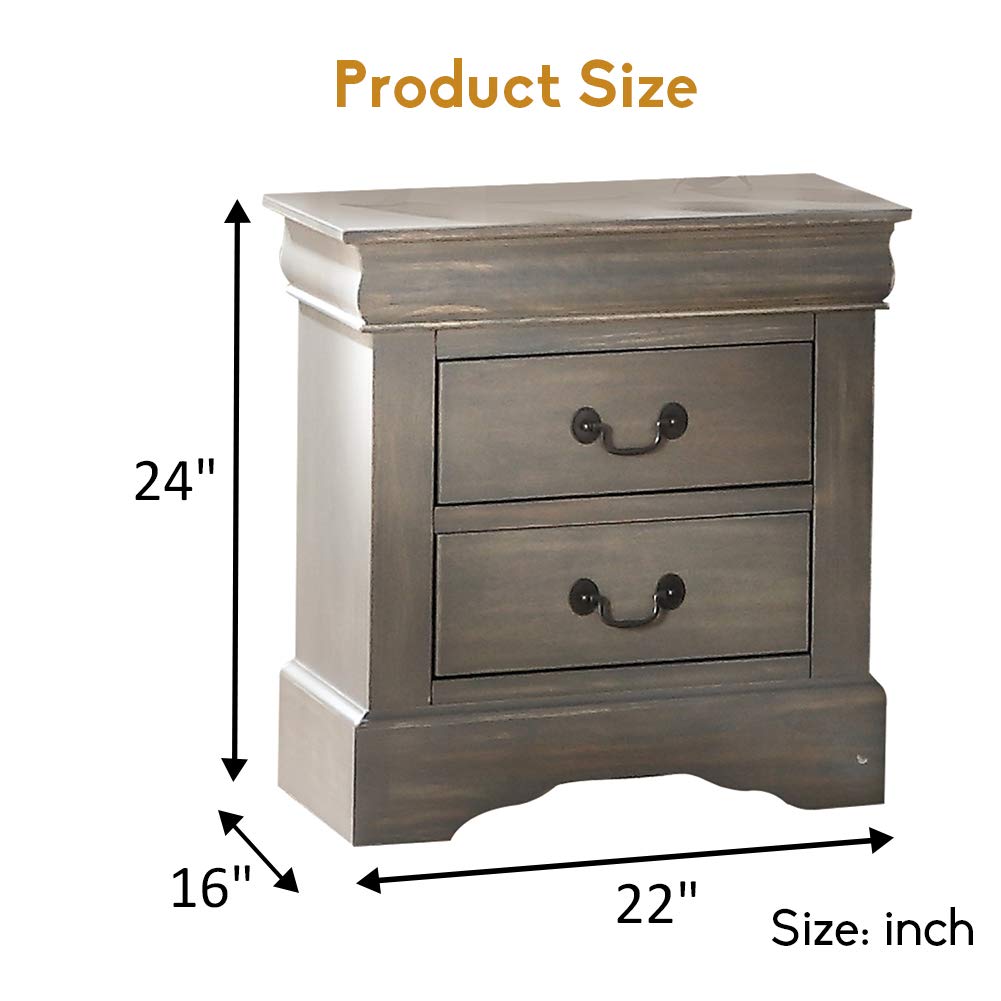 Modern 2-Drawer Nightstand with Handles - Solid Wood Bedside Table for Bedroom, Living Room & Dorm - No Assembly Needed - Grey Antique Finish | Perfect for Small Spaces, Guest Rooms & Apartment Decor