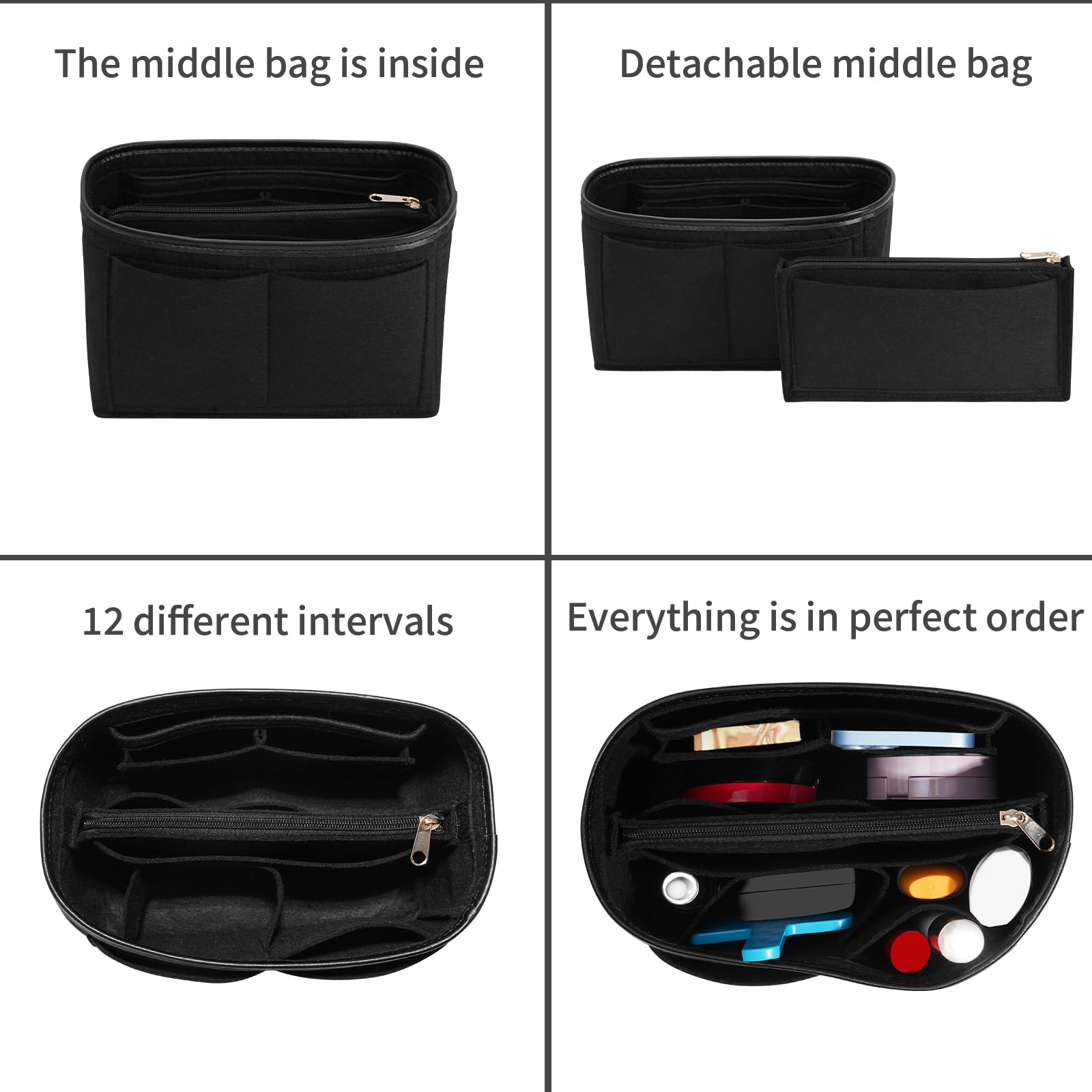 Premium Felt Purse Organizer Insert with Metal Zipper - 6 Sizes for Tote Bags - Compatible with Neverfull, Speedy & More - Perfect for Travel, Work & Daily Organization
