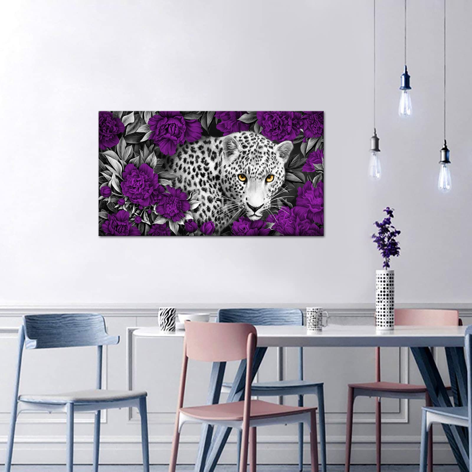 Leopard Floral Canvas Art - Purple Flower Wildlife Painting for Living Room & Bedroom Decor