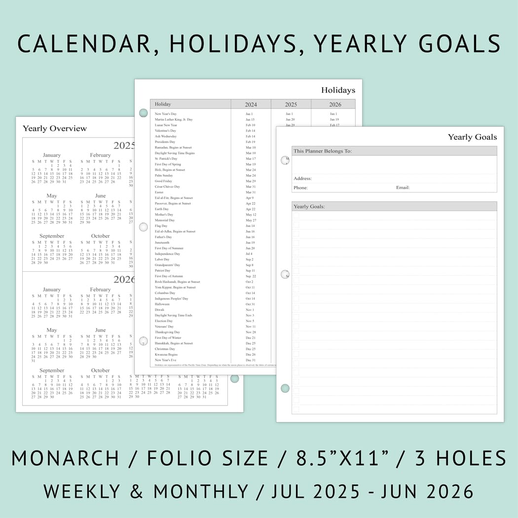 Newestor 2025-2026 Weekly Planner Refill Pages for 3-Ring Binder - July 2025 to June 2026 Calendar with Monthly Tabs, 8.5