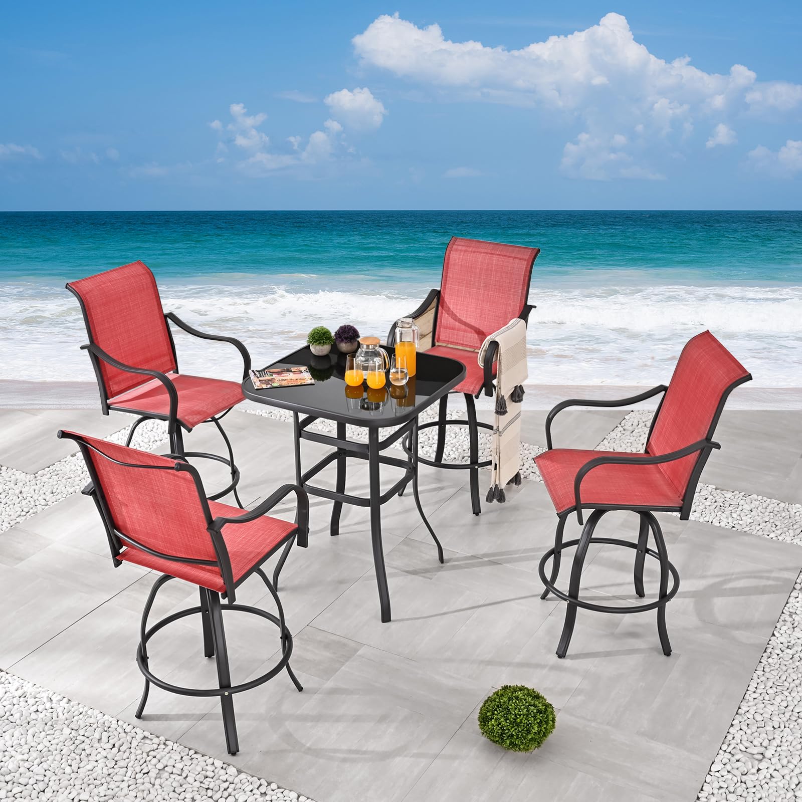 Festival Depot 5-Piece Outdoor Patio Bistro Set with 360° Swivel Chairs & Bar Height Table - Tempered Glass Top Dining Furniture for Garden, Balcony, Backyard (4 Chairs + 1 Table, Red) - Perfect for Outdoor Entertaining, BBQ Parties & Relaxing