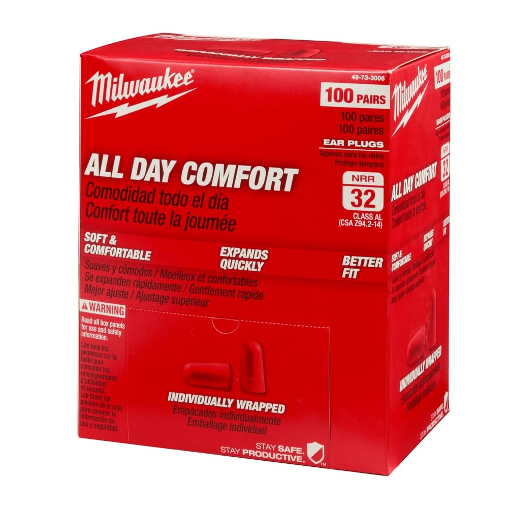 Milwaukee All Day Comfort Ear Plugs - 100 Pairs Individually Wrapped Noise Cancelling Earplugs for Work, Sleep & Travel | OSHA Compliant Hearing Protection