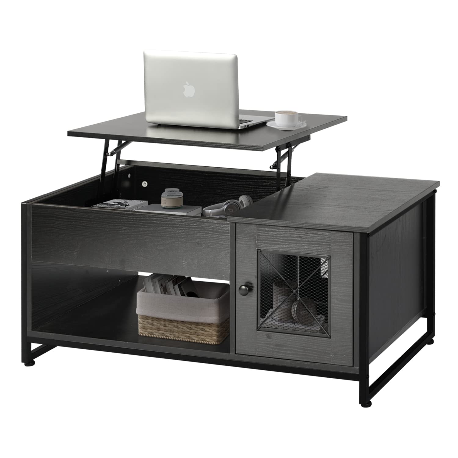 GBU Industrial Lift Top Coffee Table - Modern Living Room Table with Hidden Storage & Mesh Cabinet, Convertible Dining Table for Office, Study, or Reception Area - Black Wood Grain Finish - Perfect for Small Spaces & Multifunctional Use