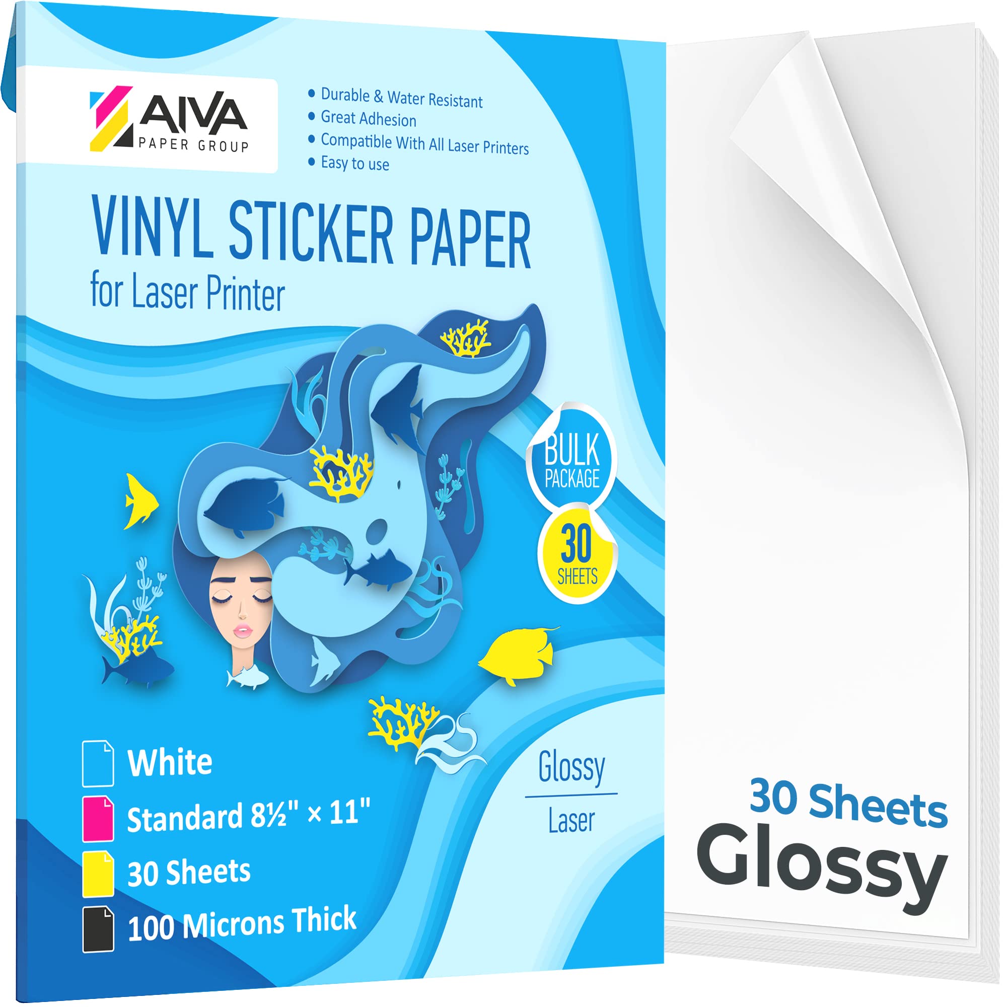 Laser Printer Printable Vinyl Sticker Paper - Glossy White Waterproof Decal Sheets - 30 Pack Self-Adhesive 8.5