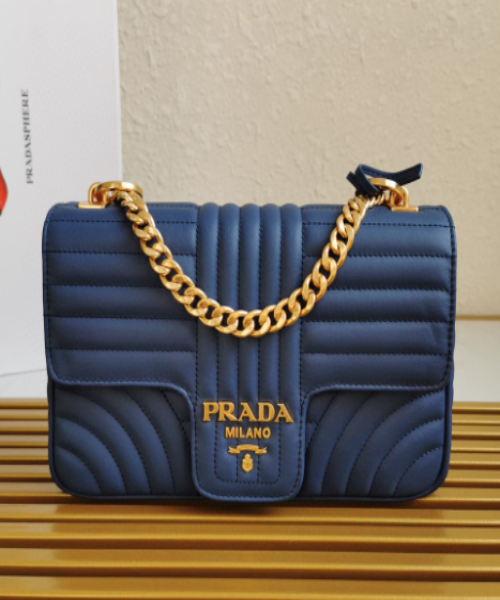 Prada Diagramme Medium Leather Handbag in Dark Blue - Luxury Designer Tote for Women, Perfect for Work, Travel & Everyday Use
