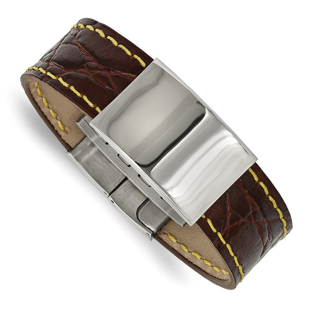 Lux Stainless Steel Polished Brown Leather Bracelet with Yellow Stitch - Fashion Jewelry for Men & Women - Perfect for Casual Wear, Gifts, and Everyday Accessories