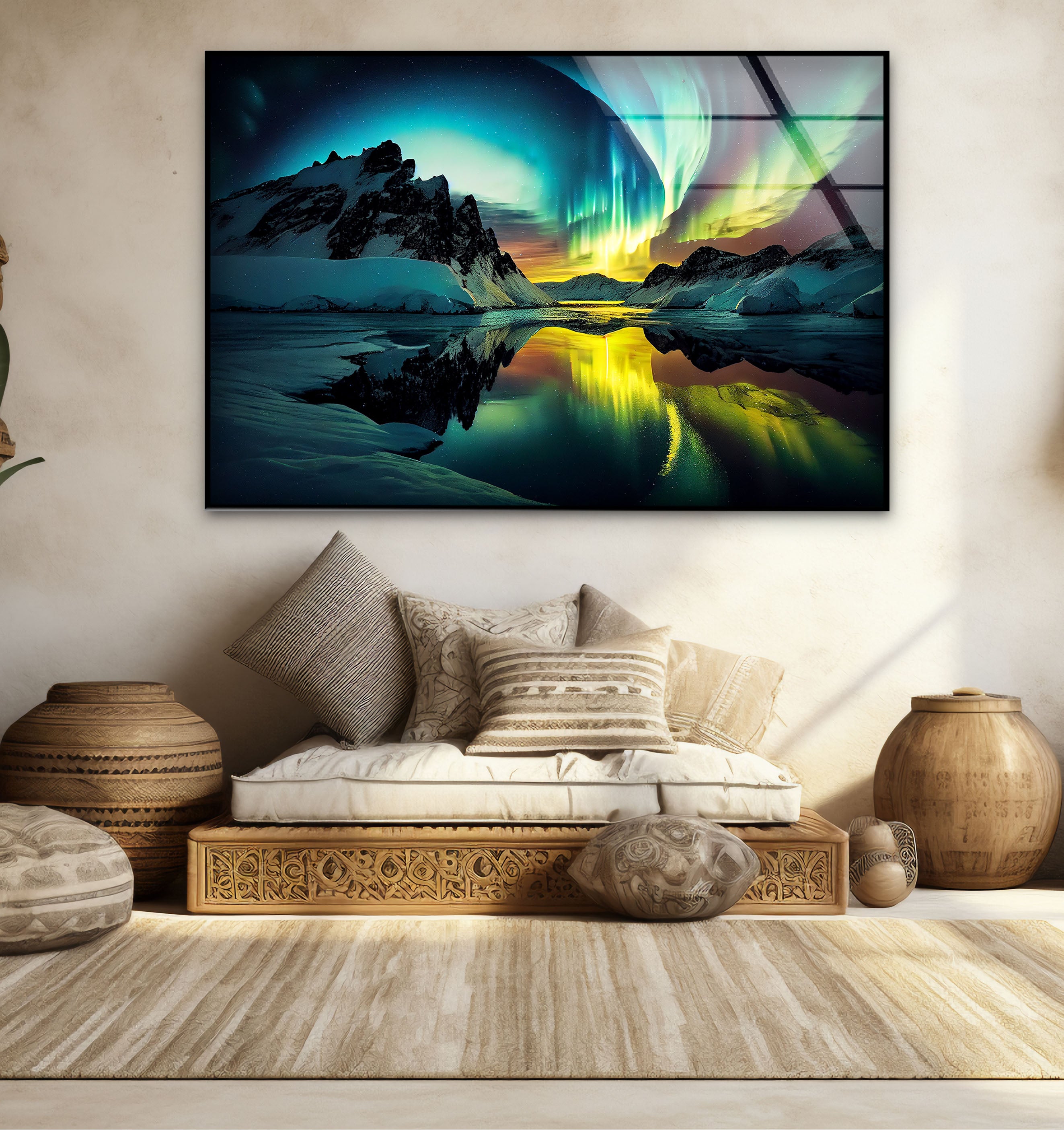 Aurora Borealis Glass Wall Art – Stunning Northern Lights Over Arctic Mountains – Perfect for Living Room, Bedroom & Office Decor