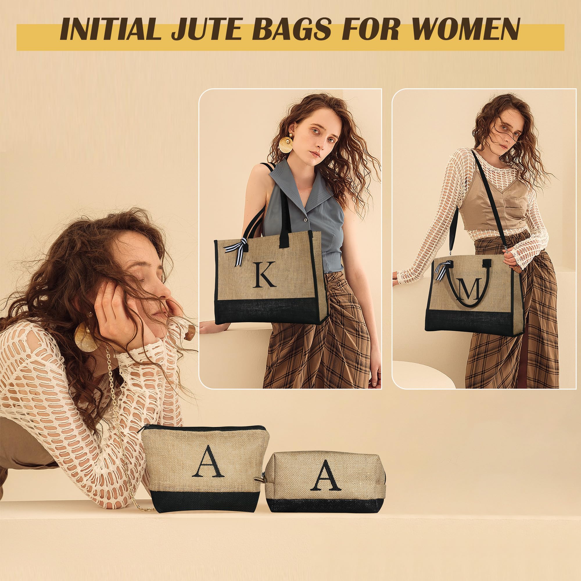 YOOLIFE Personalized Jute Tote Bag with 2 Zippered Makeup Pouches - Eco-Friendly Gift Set for Moms, Best Friends & Women - Perfect for Birthdays, Travel & Daily Essentials