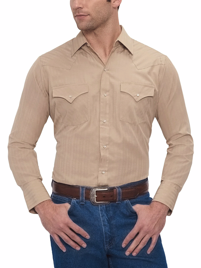 Ely Cattleman 15201934 28 Men's Long Sleeve Western Shirt - Khaki Tone-on-Tone Plaid for Cowboy, Rodeo & Country Style Fashion