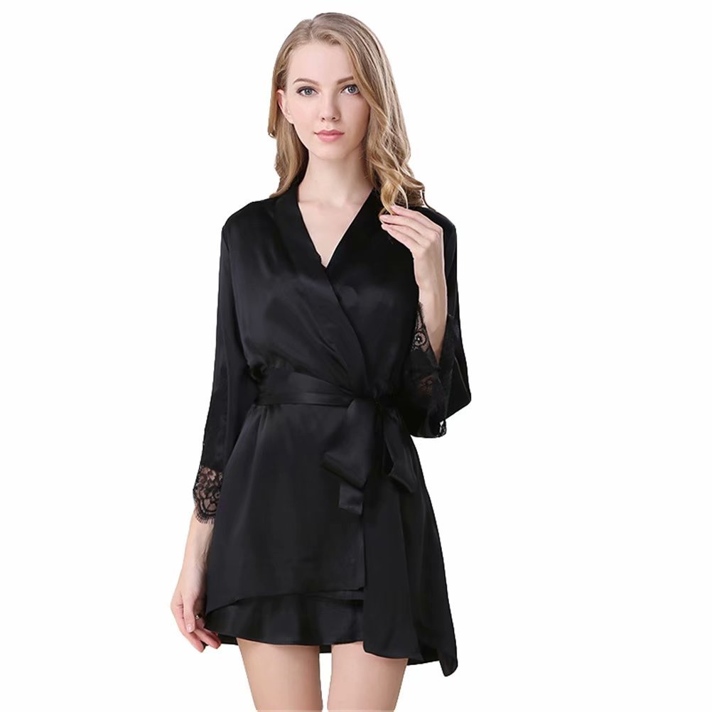 Women's 100% Silk Long Nightgown & Robe Set - Pink Lace Sleepwear for Summer | Comfortable & Sexy Pajamas for Relaxing at Home or Romantic Evenings