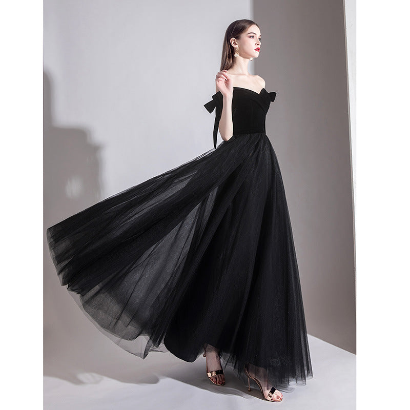 Elegant Off Shoulder Black Tulle Long Prom Dress for Formal Evening Gowns - Perfect for Homecoming, Prom Night, and Special Occasions