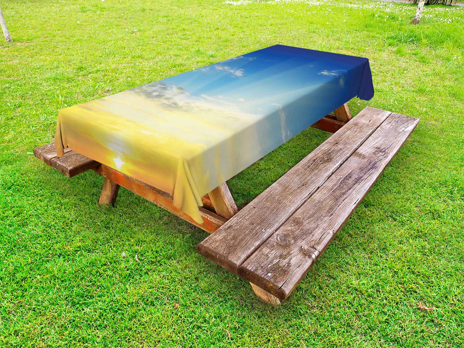 Ambesonne Sky Outdoor Tablecloth - Sunset Clouds Scenic Design, Washable Picnic Table Cover 58x84 Inches, Blue & Yellow | Perfect for Outdoor Dining, BBQs, Garden Parties & Beach Picnics