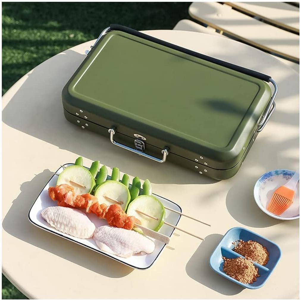 Portable Charcoal BBQ Grill - Small Cast Iron Outdoor Grill with Stainless Steel & Convenient Handle - Perfect for Camping, Picnics, Backyard Cookouts (Green)