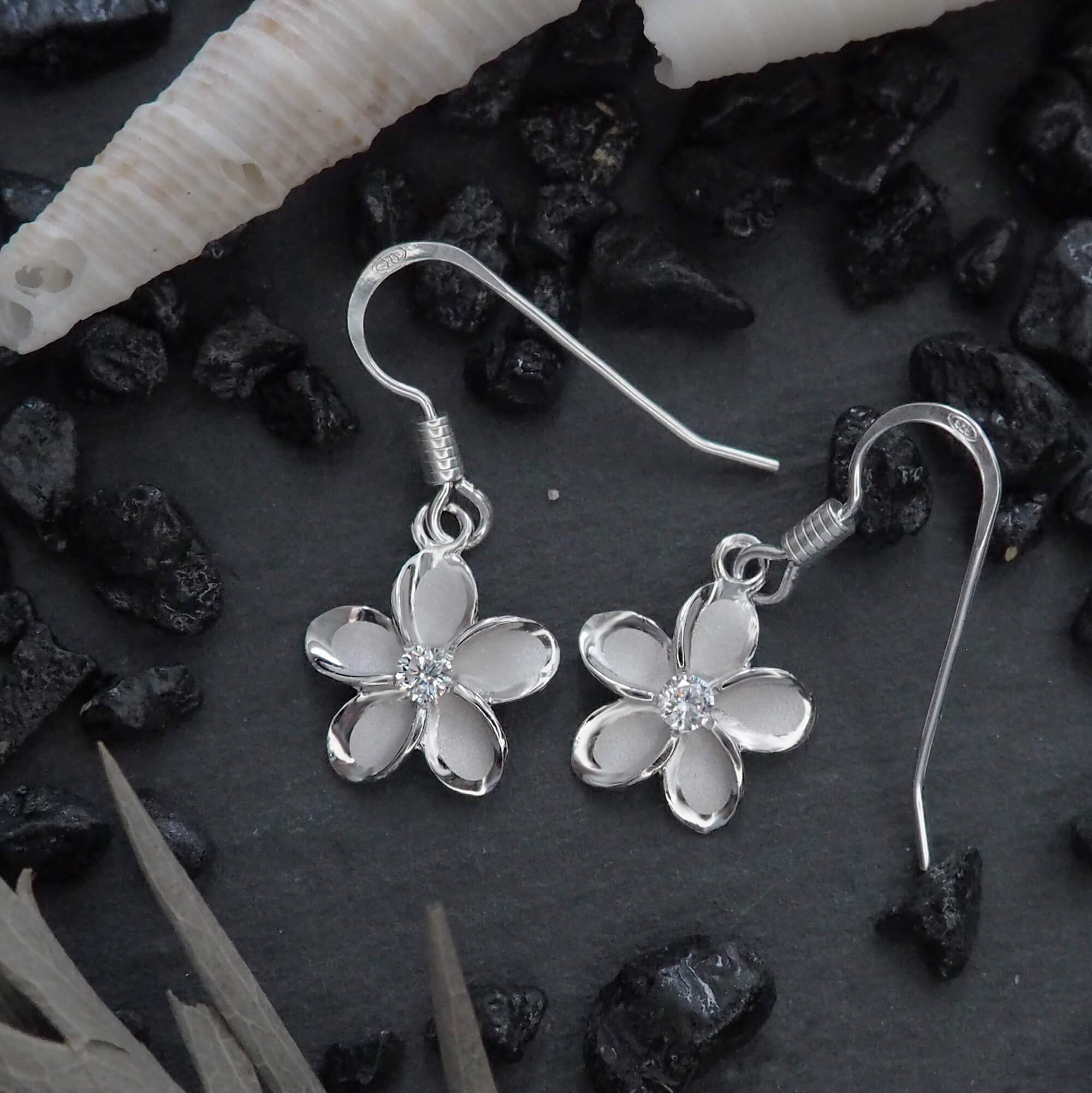 11mm Sterling Silver Plumeria Dangle Earrings for Women - Hawaiian Flower Jewelry for Beach Parties, Vacations & Summer Outfits