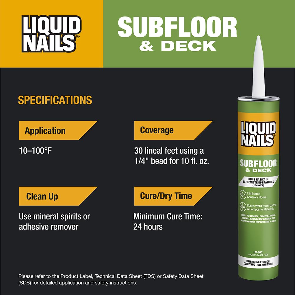 Liquid Nails 10 oz. Heavy Duty Subfloor & Deck Construction Adhesive - Strong Bonding for Wood, Concrete & Plywood | Perfect for Home Renovation & DIY Projects