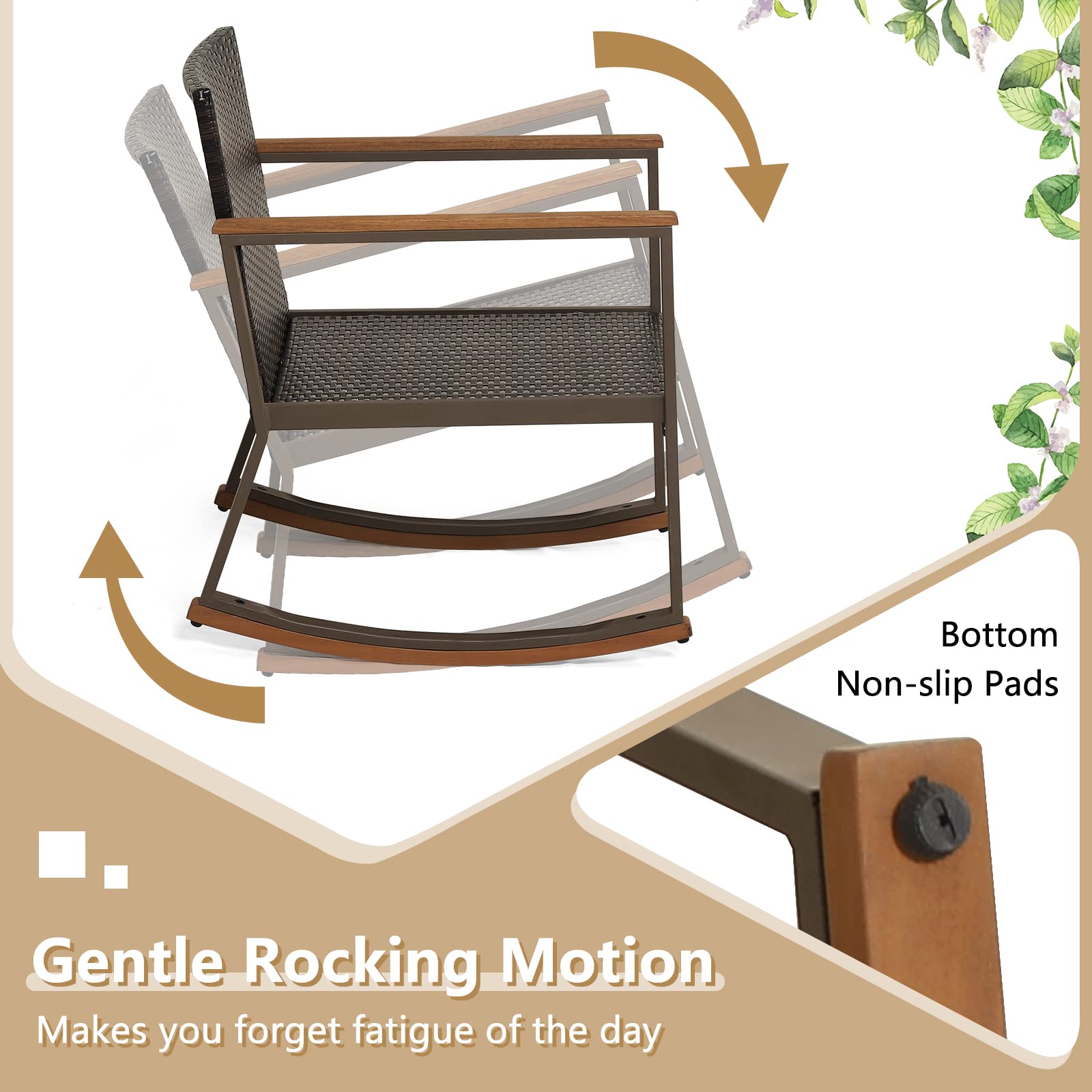 Tangkula 3-Piece Outdoor Rocking Bistro Set with Coffee Table & Cushions - Patio Rattan Furniture for Balcony, Porch, Poolside - Perfect for Relaxing, Entertaining & Outdoor Dining (Off White)