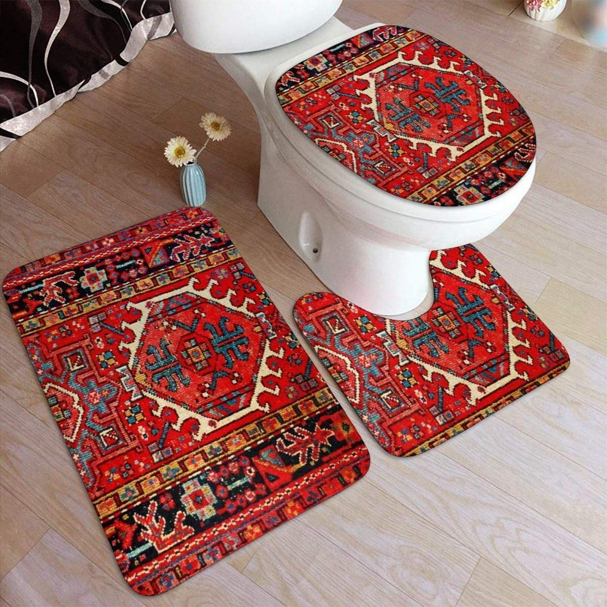 Premium Persian Oriental Bathroom Rug Set - 3-Piece Non-Slip Absorbent Bath Mat, Toilet Lid Cover & Seat Cover - Traditional Iranian Tribal Design - Washable & Durable - Perfect for Bathroom, Guest Room & Spa Decor