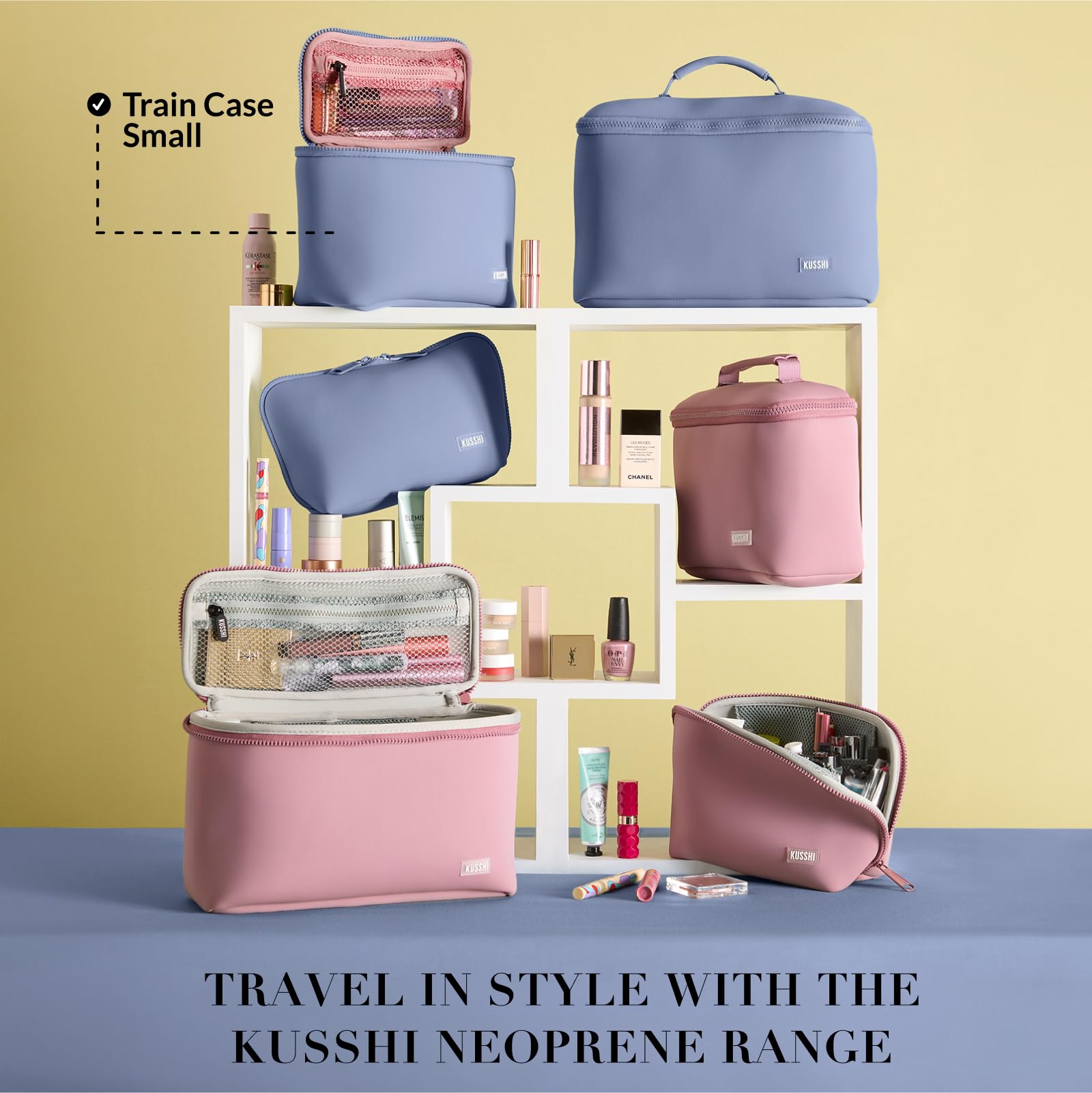 KUSSHI Neoprene Train Case Makeup Bag - Waterproof Washable Cosmetic Organizer for Travel, Vanity & Storage (Small, Pearl Blue/Sand Pink) - Perfect for Airplane Carry-on, Gym Essentials & Beauty Professionals