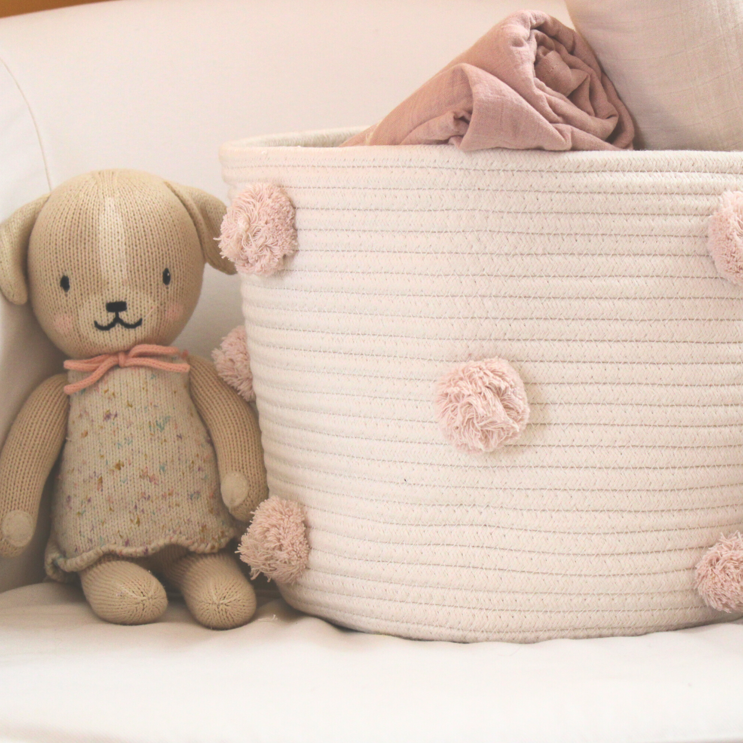 Set of 2 Medium Blush Pom Baskets - Stylish Storage for Home Decor, Nursery, or Gift Giving