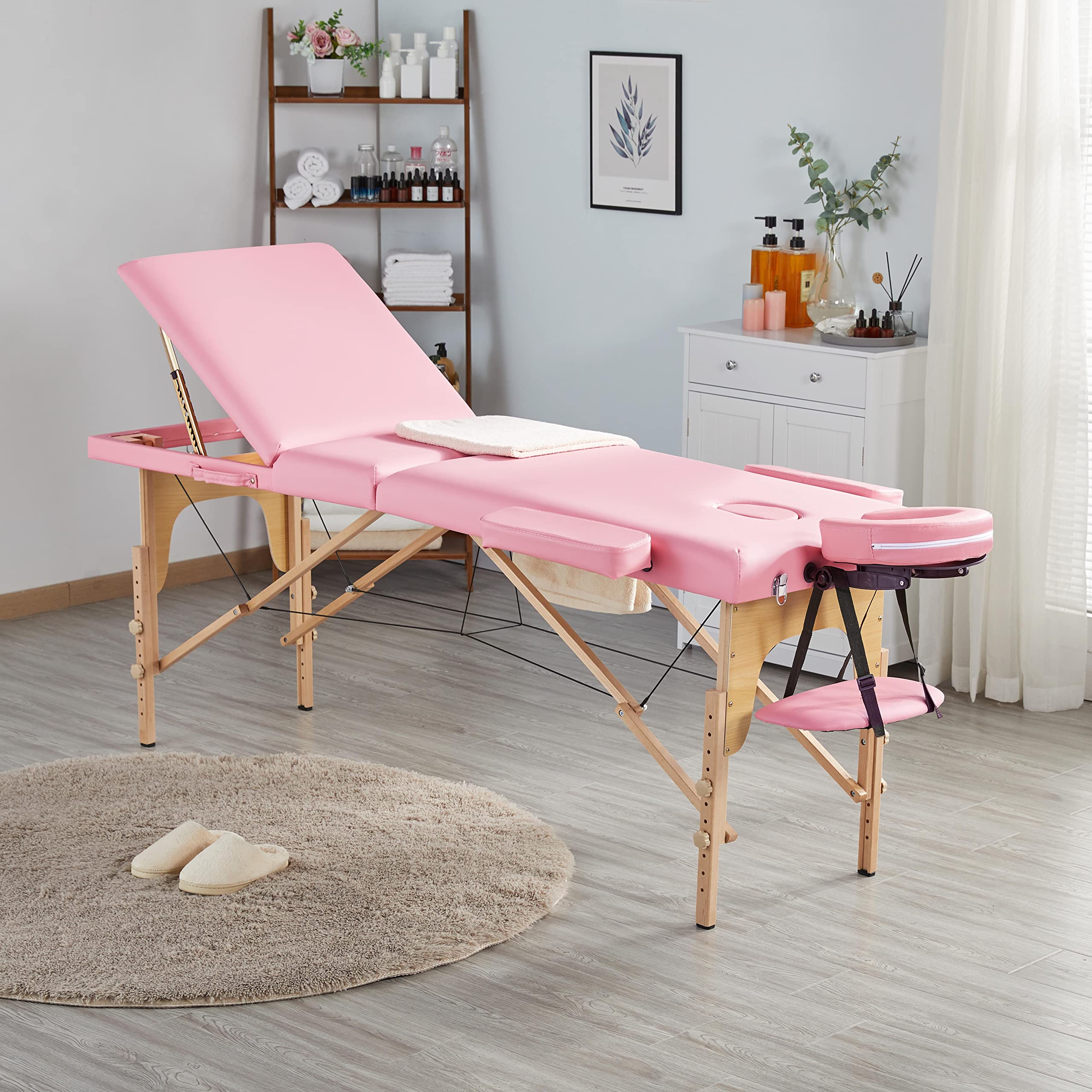 Topeakmart Portable Adjustable Lash & Massage Bed - 3 Folding Salon Table with Face Cradle for Eyelash Extensions, Tattoo & Spa Treatments (Pink) | Perfect for Beauty Salons, Home Use & Professional Therapists